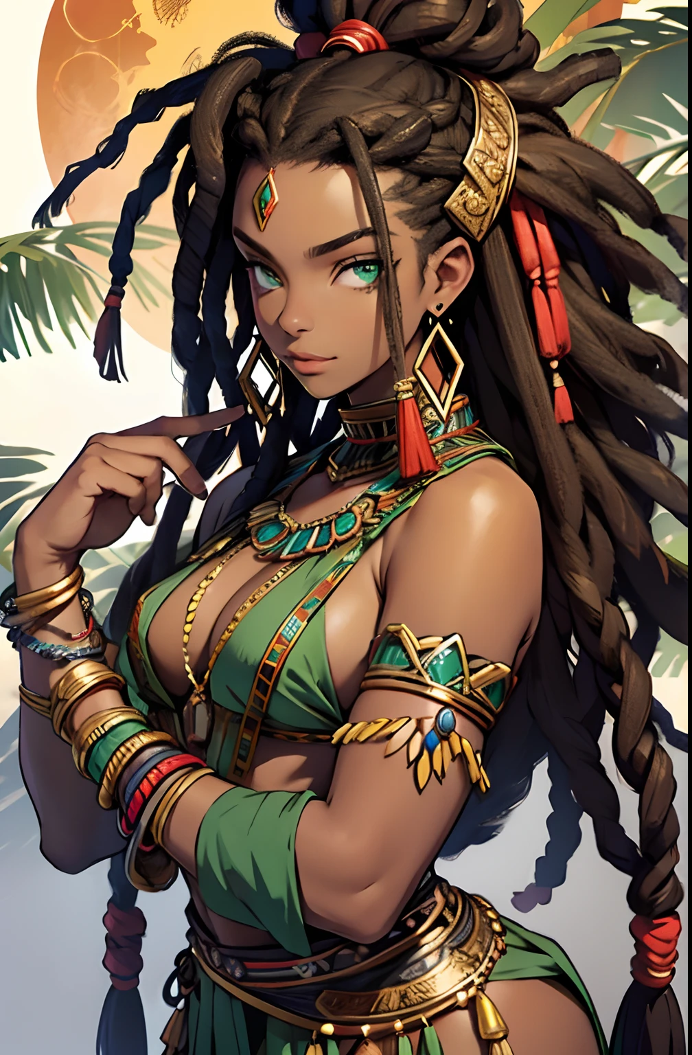 African Woman. African Hair. Dread Hair. Green Eyes. Tribal Acessories. Tribal Fighting Clothes. Golden Details