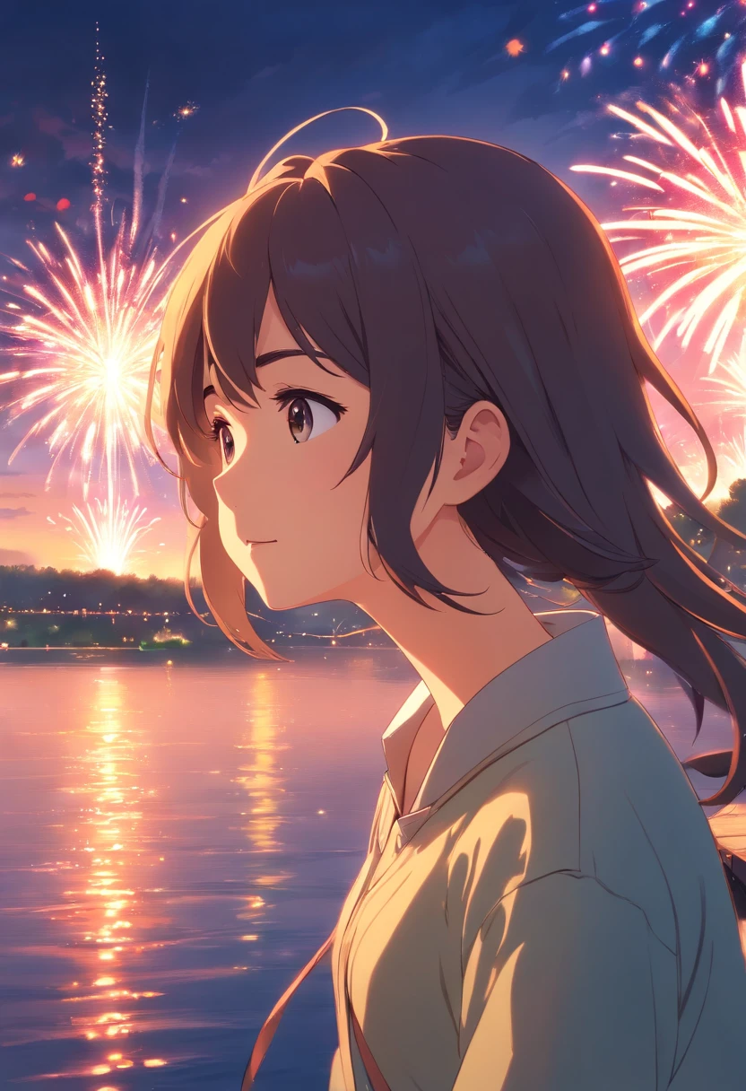 masterpiece, best quality, movie still, 1gir Watching fireworks on the river while crying, ultra realistic lighting , cloud girl, floating in the sky, close-up, bright, happy, warm soft lighting, sunset, (sparks:0.7)