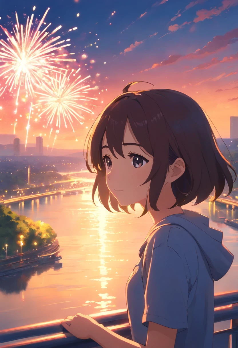 masterpiece, best quality, movie still, 1gir Watching fireworks on the river while crying, ultra realistic lighting , cloud girl, floating in the sky, close-up, bright, happy, warm soft lighting, sunset, (sparks:0.7)
