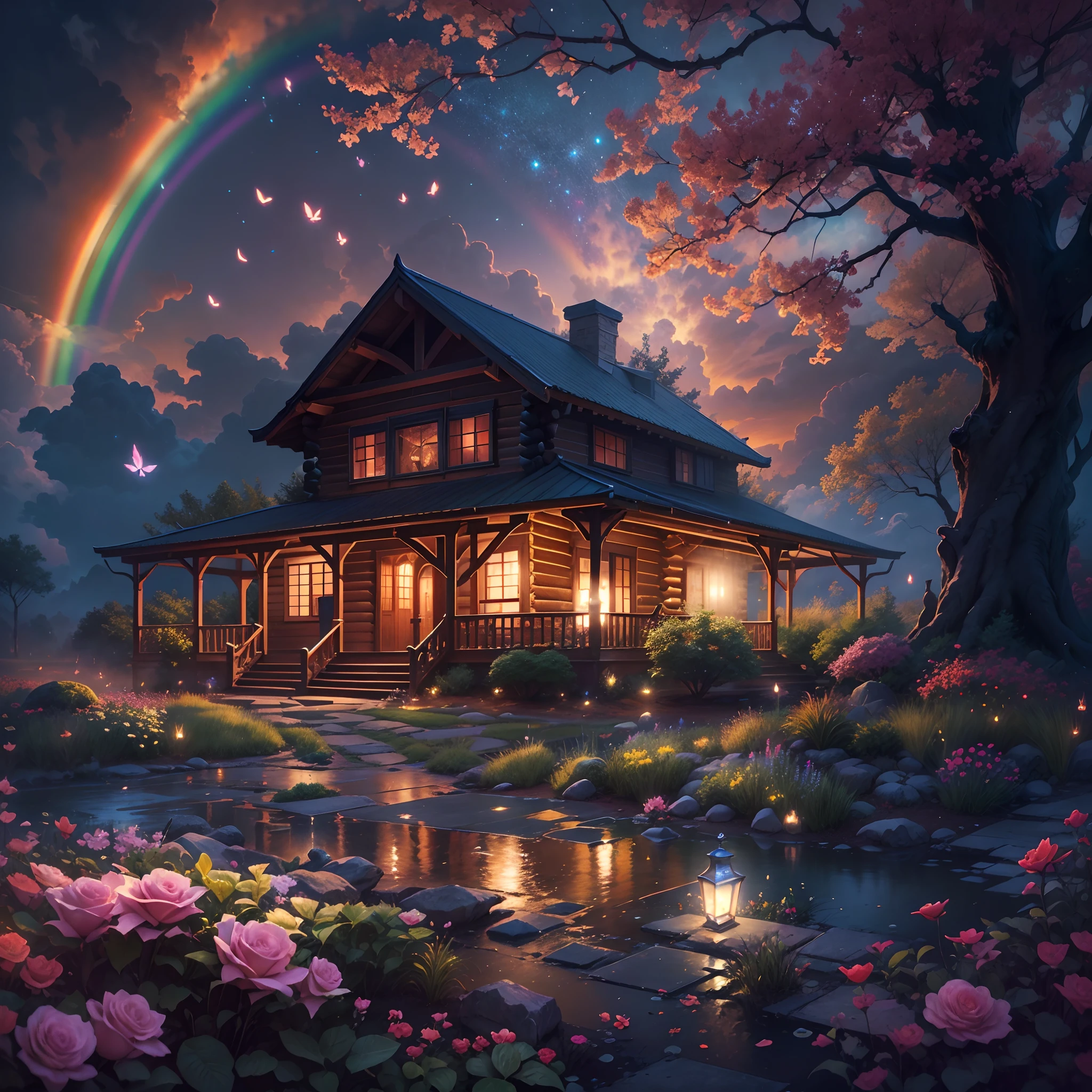 nigth，Rose garden,Skysky，(rainbowing)，the space，starrysky,galaxias，(depth of fields)，Light，Mist，log cabin,the cherry trees，Reallightandshadow，painting-like,Ethereal atmosphere,Vibrant colors,cinematic compositions，dream magical，hoang lap，Particle effect，diffused reflections，(mont)，waterfallr，butterfliesdancing,Dreamy and whimsical,sereneandcharming,style of surrealism,painting-like,Ultra-fine painting,vibrant with colors,painting coming to life,Sharp contrast,hdr,hyper HD,Totally mesmerizing and fascinating,Simply breathtaking，Physically-based rendering,Extreme detail description,professional,.