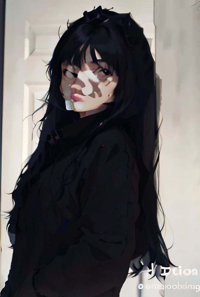 Arafed woman with long black hair standing in front of a door, cabelo preto longo com franja, Ela tem cabelo preto com franja, cabelos escuros longos com franja, She has black hair, messy long black hair, cabelo longo preto!, cabelos longos escuros, cabelos pretos longos e finos, 1 7 - year - old goth girl, com longos cabelos escuros, cabelos pretos longos