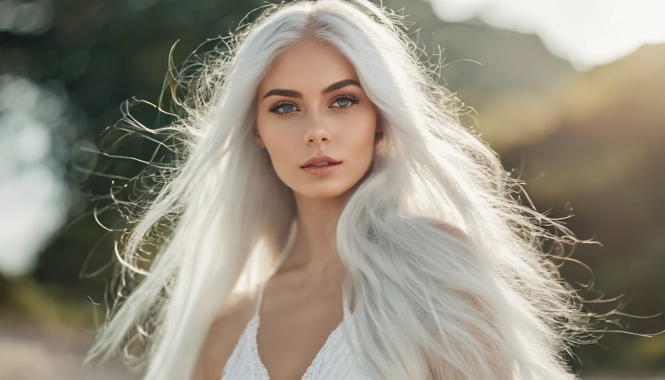 White sheer short tank top dress girl, Sexy girl with green eyes, Portrait of Sophie Mudd, (Big Eyes:1.2 ), (Subtle turquoise eyes), (Voluminous white hair: 1.8), (white hair), (large eyes), (white hair), (large eyes), (white hair), (large eyes), Selfie of a young woman, without makeup, natural makeup, Straight Looking at the Camera, Faces with artgrams, Subtle makeup, Amazing full-body shots, Pierced green eyes, Beautiful angles, attractive pose, Cute Girl, Sexy Pose, full body photograph, s whole body, full body shooting, Brunette Goddess, High Detail, Satisfying pose, seaside, waves, Sunny weather, shining sun, (Hair blowing in the breeze), Sunny weather, shining sun, (Hair blowing in the breeze), (Hair blowing in the breeze)