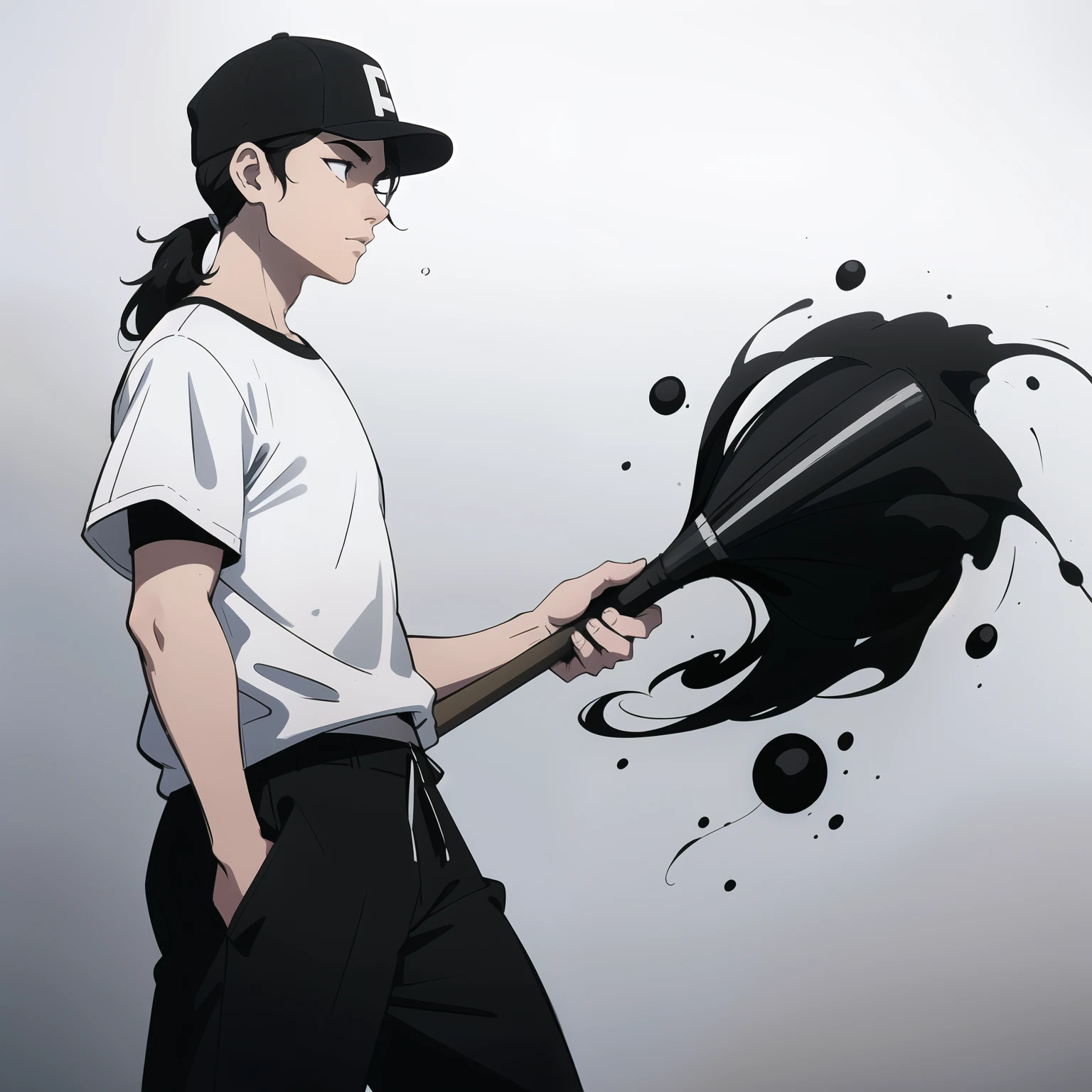 Negative image, abstract, paint drops, profile view, dim light, chiaroscuro ((ink style, sketch, black and white))((sketch, black and white)) 1 boy, young boy with a long mullet haircut, big lips, oval face, and slanted eyes, pearlescent skin, ((wearing a baseball cap)), white striped t-shirt, black pants, teenage, slim, baggy clothes. Hiphop atmosphere 90s style, dim light