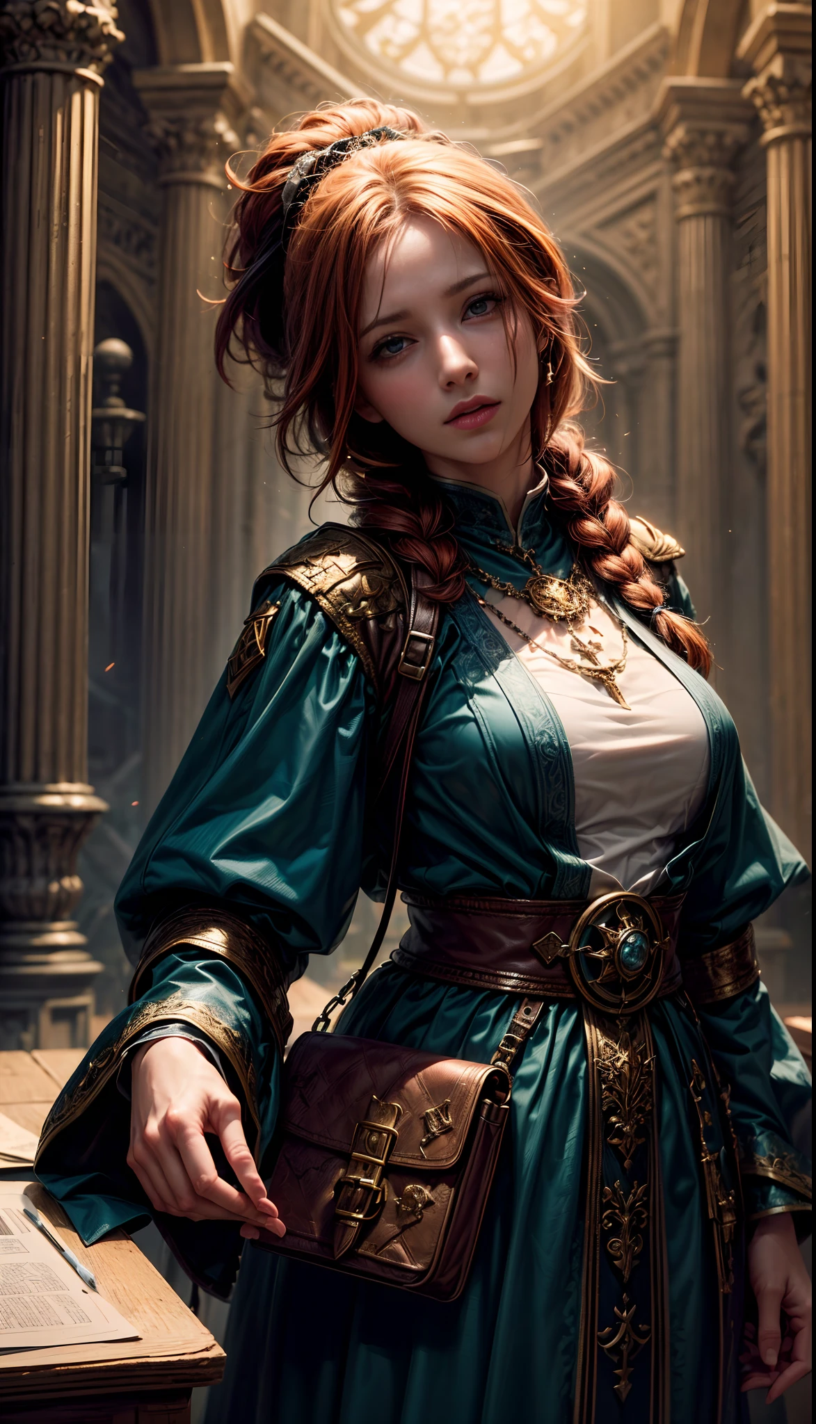 (best quality,4k,8k, highres,masterpiece:1.2), ultra-detailed, (realistic,photorealistic,photo-realistic:1.37), HDR, UHD, studio lighting, ultra-fine painting, sharp focus, physically-based rendering, extreme detail description, professional, vivid colors, bokeh, portraits, fantasy concept, orange hair, long braid, girl, cleric, dungeon and dragon inspired, church interior background, volumetric lighting, global illumination, pray.