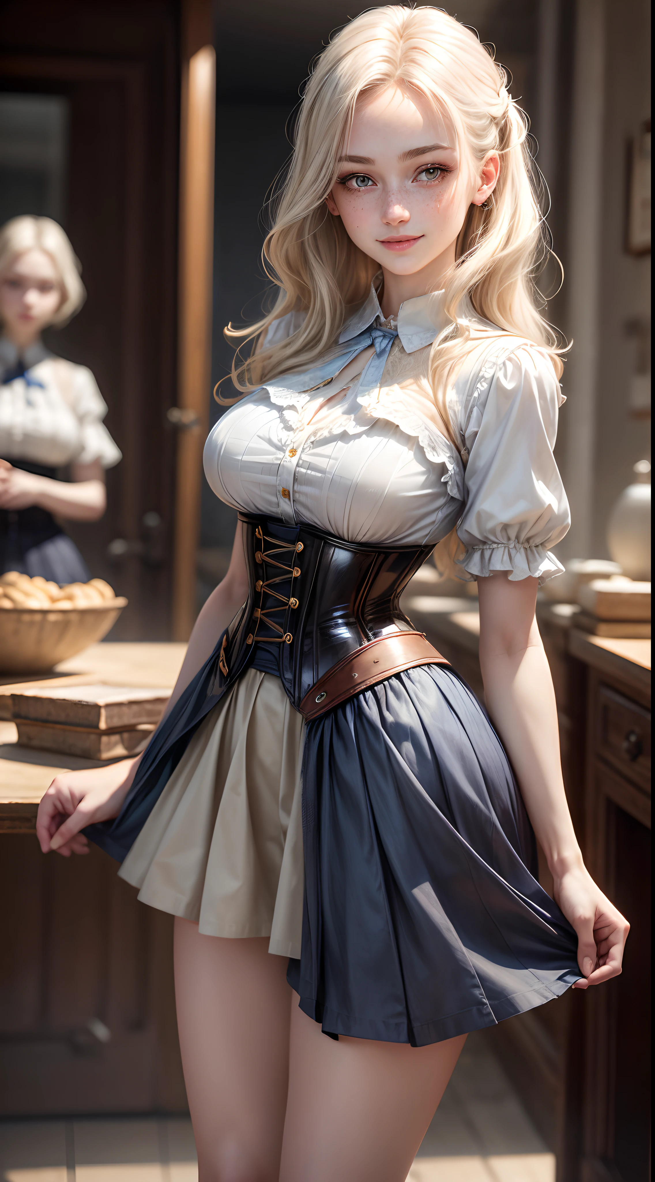 (best quality, ultra-detailed, realistic:1.37), Bavarian woman, long blond hair, blue eyes, curvaceous body, short skirt Dirndl Dress, partial exposed breast, alluring mole, mature and confident, milf, vibrant colors, studio lighting, ((full body pose)), Bavarian nature background. 
