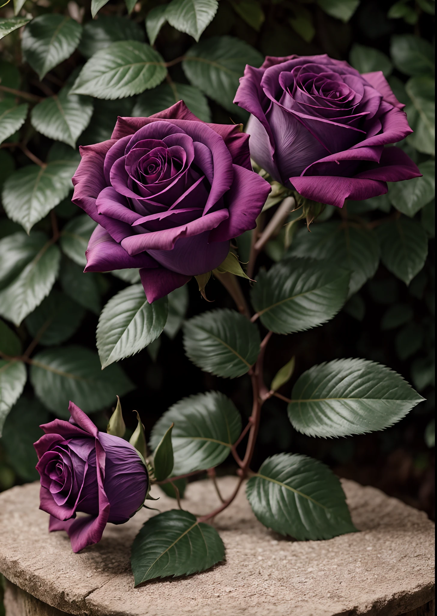 RAW photo of purple roses,small detailed,realisticlying,Ultra-realistic photos,8K UHD,Digital SLR,softlighting,high high quality,filmgrain,Fujifilm XT3,(tmasterpiece)trpical garden(pondering:2)(originality:2)