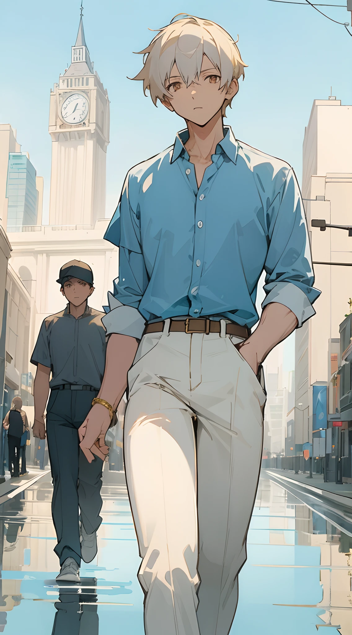 (masterpiece, best quality) detailed, 1Character , blue archive art style ,  pastel washed out colors , cell shade , soft, muted shades ,gentle colors ,
Sunny day , in a big city , walking past reflection, wearing a tan shirt, cap sleeves, white pants , tucked in 
Handsome man , White hair , very Short hair , gold eyes , light skin , mature man , pale skin , muscular, tall , age 35 , sword art online art style