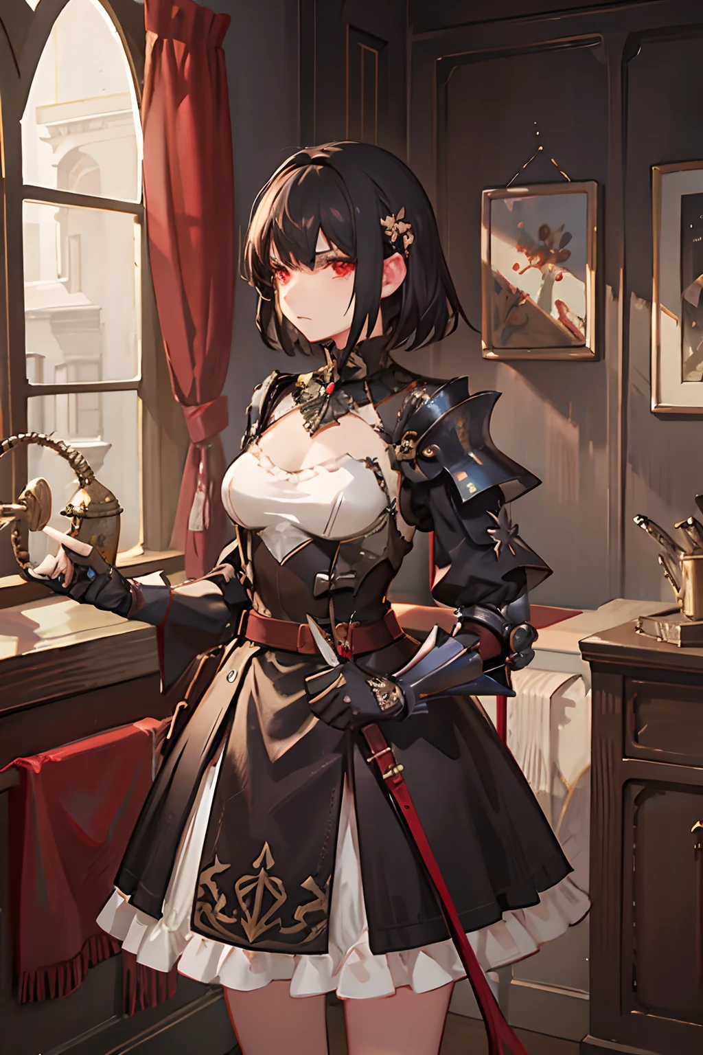 (masterpiece, best quality), illustration, absurdres, 1girl, solo, cowboy shot, detailed face, knight, armor, black hair, short hair, red eyes, angry, indoors, castle, fantasy, magic