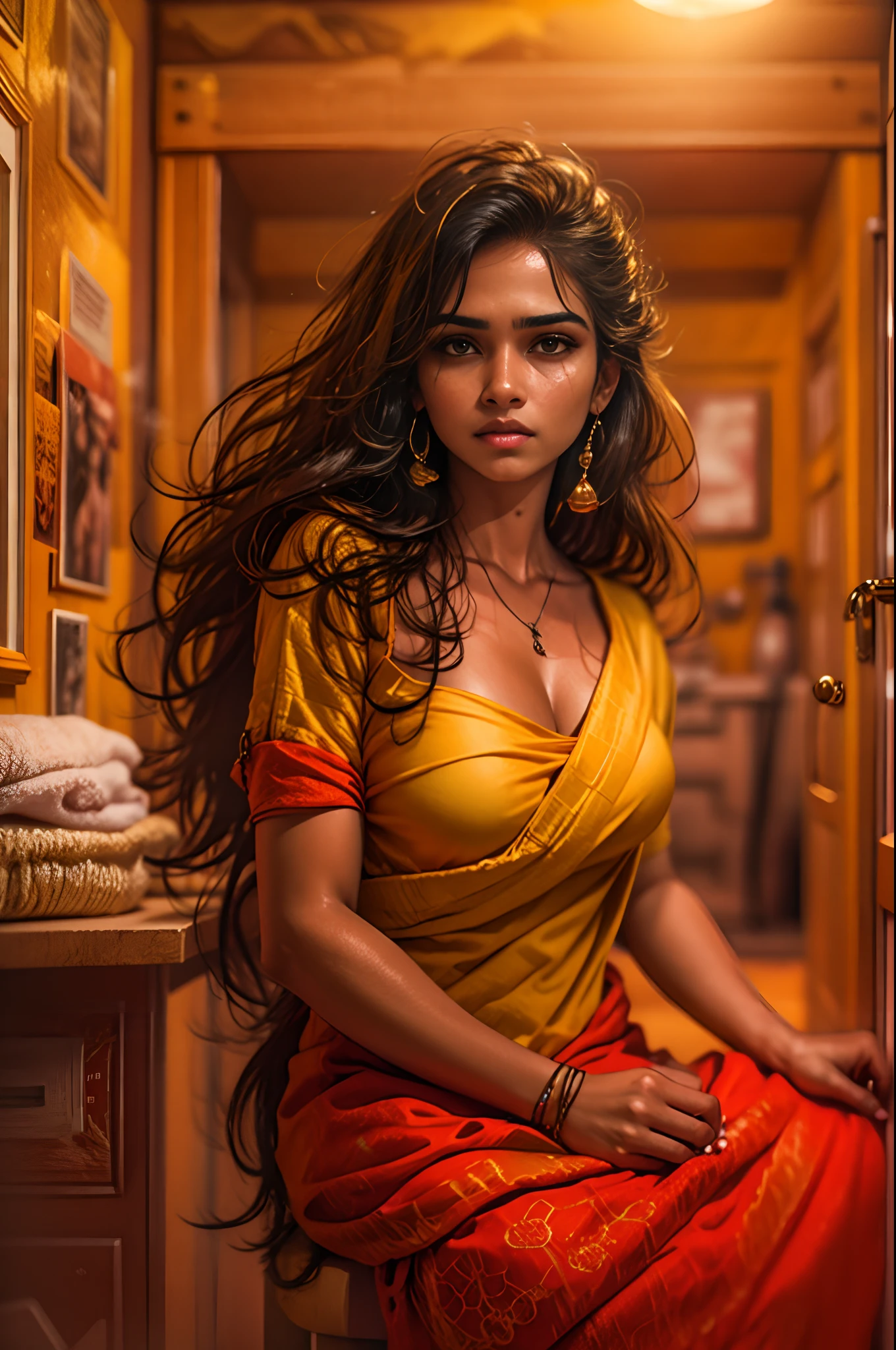 Different mood srilankan woman with very long hair, showing clevage, clutched in deep yellow towel, wide angle in a red vintage bathroom, perfect anatomy, illustrative, painterly, detailed, UHD drawing, pen and ink, perfect composition, beautiful detailed intricate insanely detailed octane render trending on artstation, 8k artistic photography, photorealistic concept art, soft natural