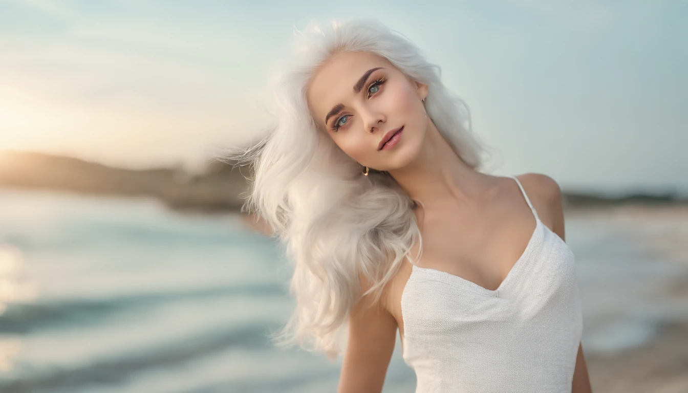 White sheer short tank top dress girl, Sexy girl with green eyes, Portrait of Sophie Mudd, (Big Eyes:1.2 ), (Subtle turquoise eyes), (Voluminous white hair: 1.8), (white hair), (large eyes), (white hair), (large eyes), (white hair), (large eyes), Selfie of a young woman, without makeup, natural makeup, Straight Looking at the Camera, Faces with artgrams, Subtle makeup, Amazing full-body shots, Pierced green eyes, Beautiful angles, attractive pose, Cute Girl, Sexy Pose, full body photograph, s whole body, full body shooting, White hair goddess, High Detail, Satisfying pose, seaside, waves, Sunny weather, shining sun, (Hair blowing in the breeze), Sunny weather, shining sun, (Hair blowing in the breeze), (Hair blowing in the breeze)