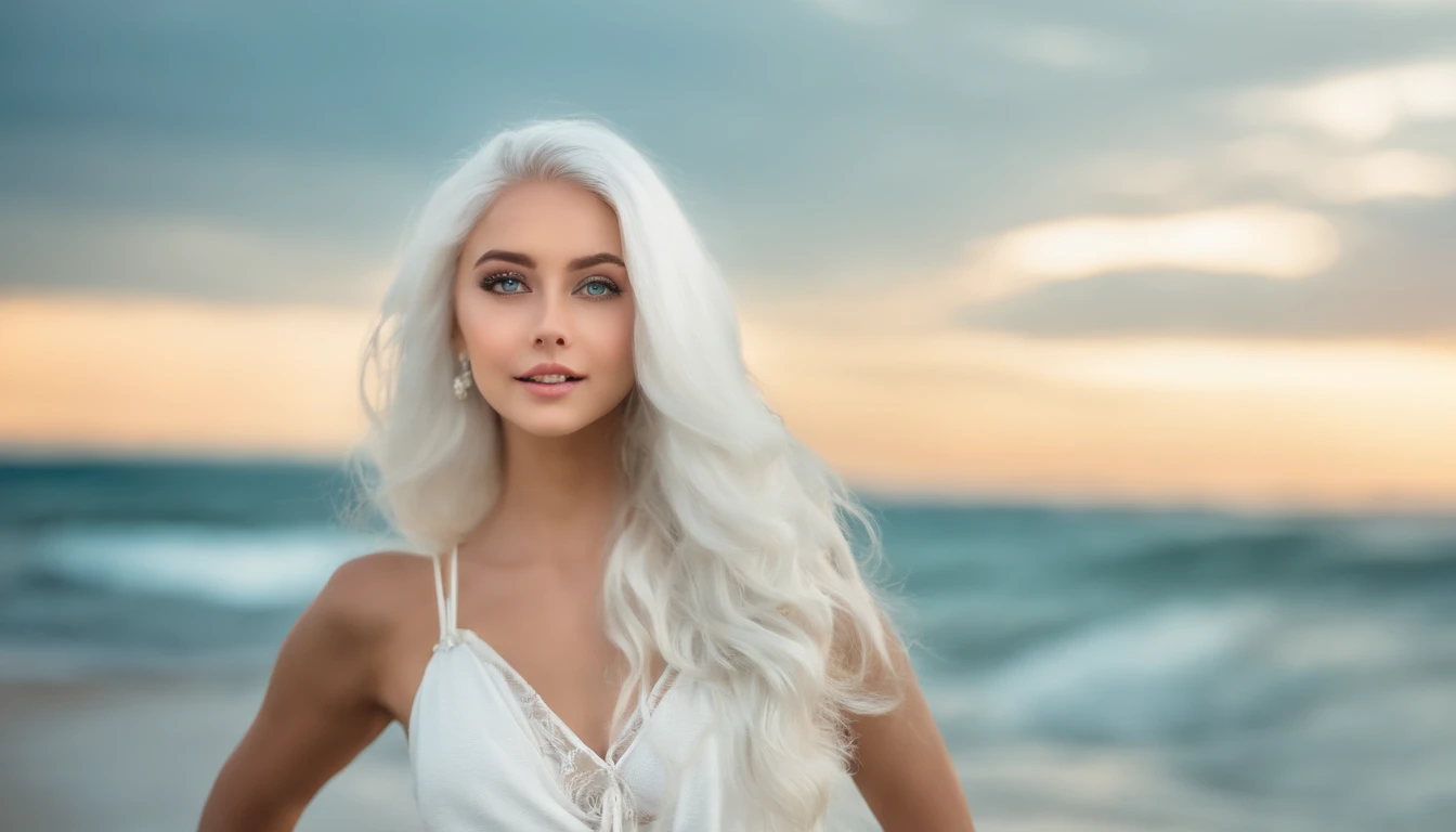 White sheer short tank top dress girl, Sexy girl with green eyes, Portrait of Sophie Mudd, (Big Eyes:1.2 ), (Subtle turquoise eyes), (Voluminous white hair: 1.8), (white hair), (large eyes), (white hair), (large eyes), (white hair), (large eyes), Selfie of a young woman, without makeup, natural makeup, Straight Looking at the Camera, Faces with artgrams, Subtle makeup, Amazing full-body shots, Pierced green eyes, Beautiful angles, attractive pose, Cute Girl, Sexy Pose, full body photograph, s whole body, full body shooting, White hair goddess, High Detail, Satisfying pose, seaside, waves, Sunny weather, shining sun, (Hair blowing in the breeze), Sunny weather, shining sun, (Hair blowing in the breeze), (Hair blowing in the breeze)