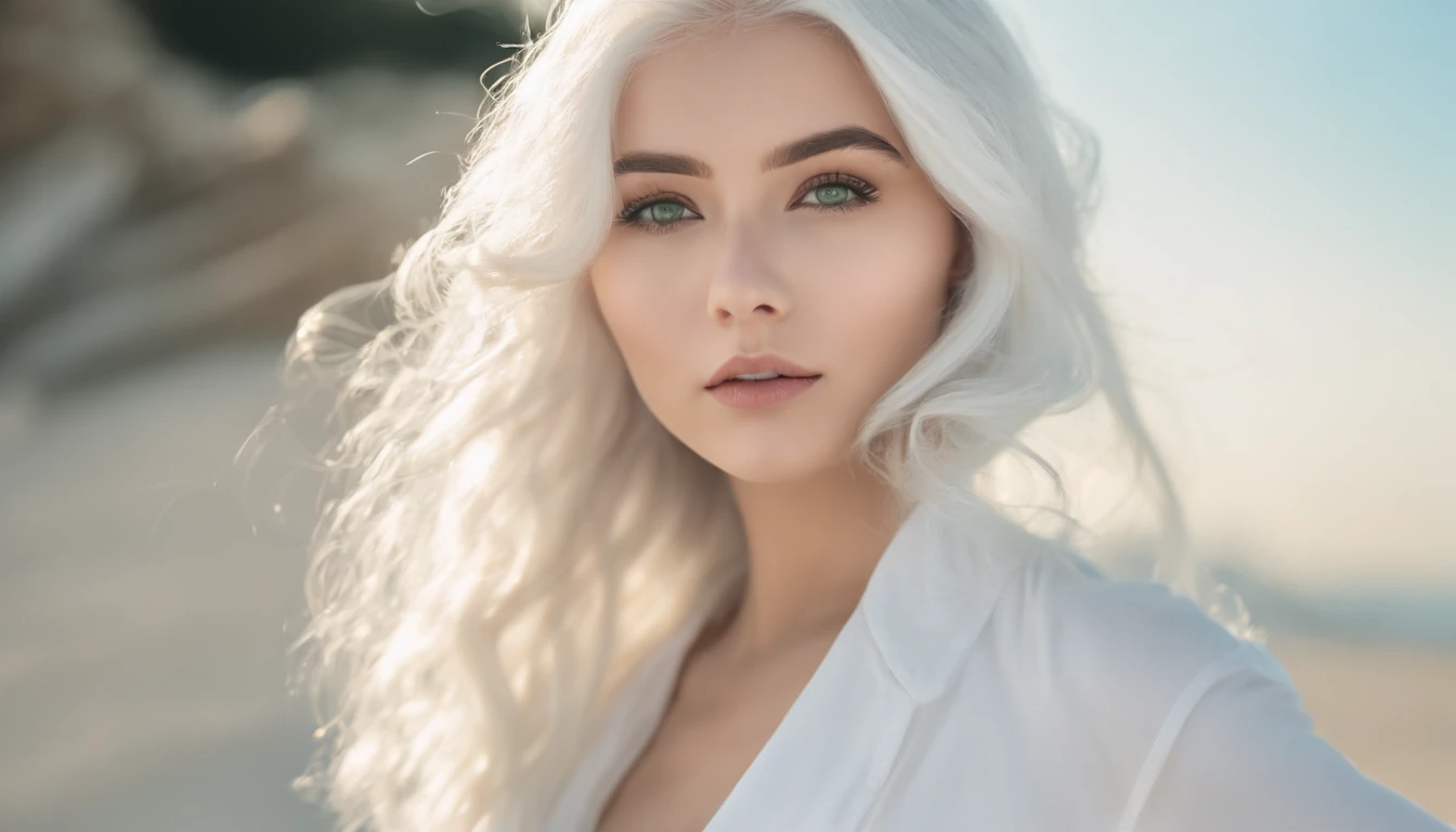 White sheer short tank top dress girl, Sexy girl with green eyes, Portrait of Sophie Mudd, (Big Eyes:1.2 ), (Subtle turquoise eyes), (Voluminous white hair: 1.8), (white hair), (large eyes), (white hair), (large eyes), (white hair), (large eyes), Selfie of a young woman, without makeup, natural makeup, Straight Looking at the Camera, Faces with artgrams, Subtle makeup, Amazing full-body shots, Pierced green eyes, Beautiful angles, attractive pose, Cute Girl, Sexy Pose, full body photograph, s whole body, full body shooting, White hair goddess, High Detail, Satisfying pose, seaside, waves, Sunny weather, shining sun, (Hair blowing in the breeze), Sunny weather, shining sun, (Hair blowing in the breeze), (Hair blowing in the breeze)