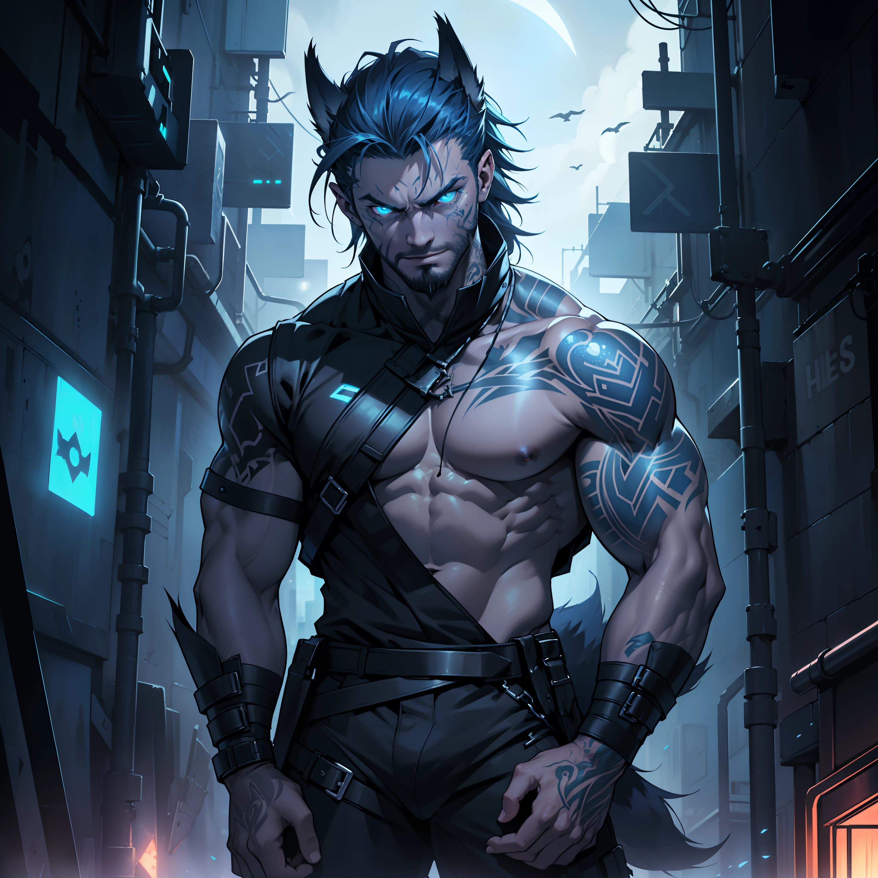 ((dark futuristic city environment)) low light, nighttime, pitch black, lowered head and scowling, evil boy, villain, demonic, satanic, cruel, young masculine teen with short beard, body hair, ((dark tanned skin)), bulge, short cropped ombre hair, cumming hard, ((has low wolf ears)), ((has wolf tail)), ((he is solo, he is alone)), has highly detailed ((glowing)) blue eyes, covered in ((blue tattoos)), ((NAKED)) muscular thighs