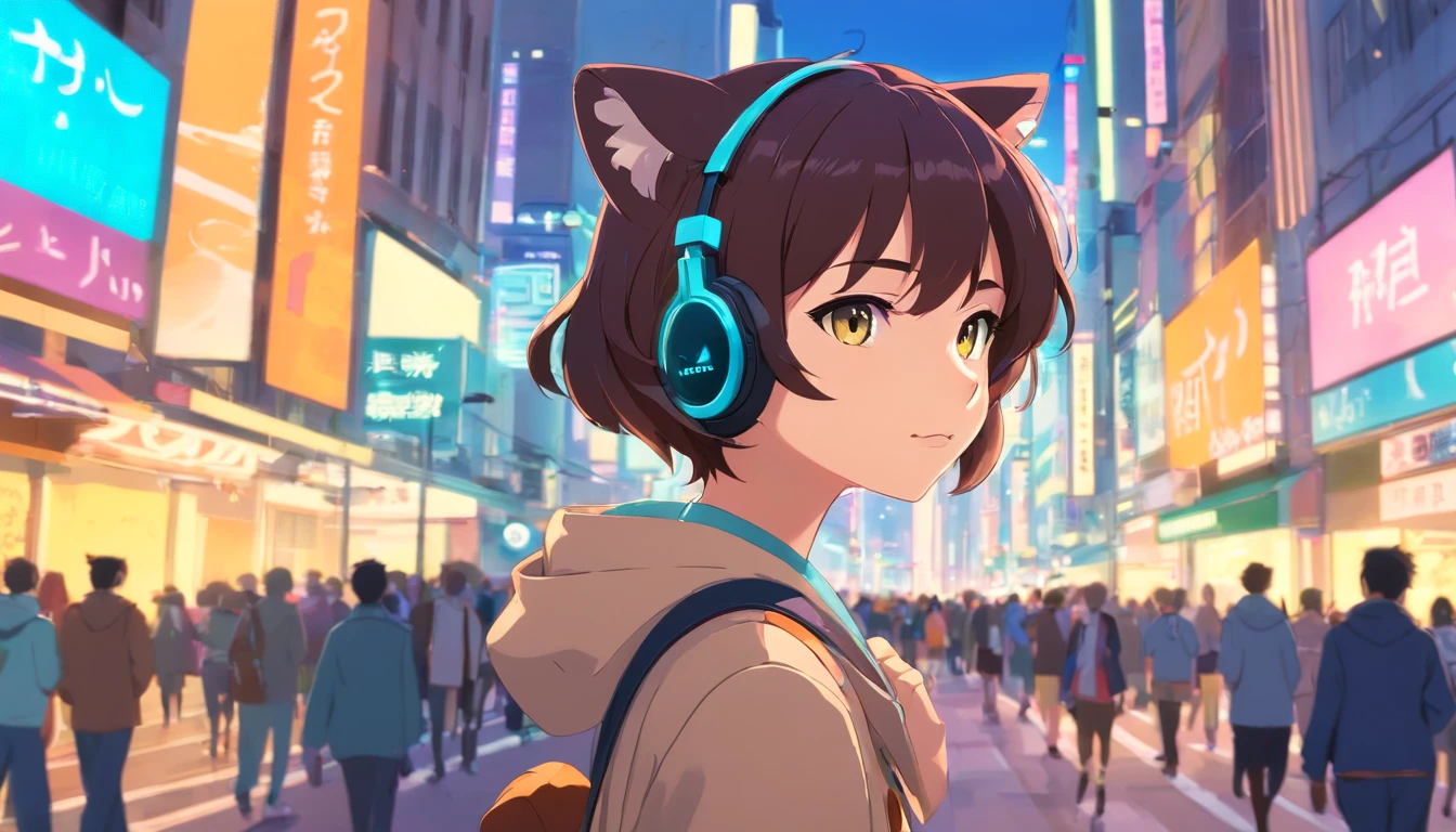 Jaguar character with headset ,estilo lofi , transformado em um estilo anime, , Standing on a busy city street, fundo retroiluminado destacando o assunto, cores de alto contraste, 4K high definition quality, jovem.