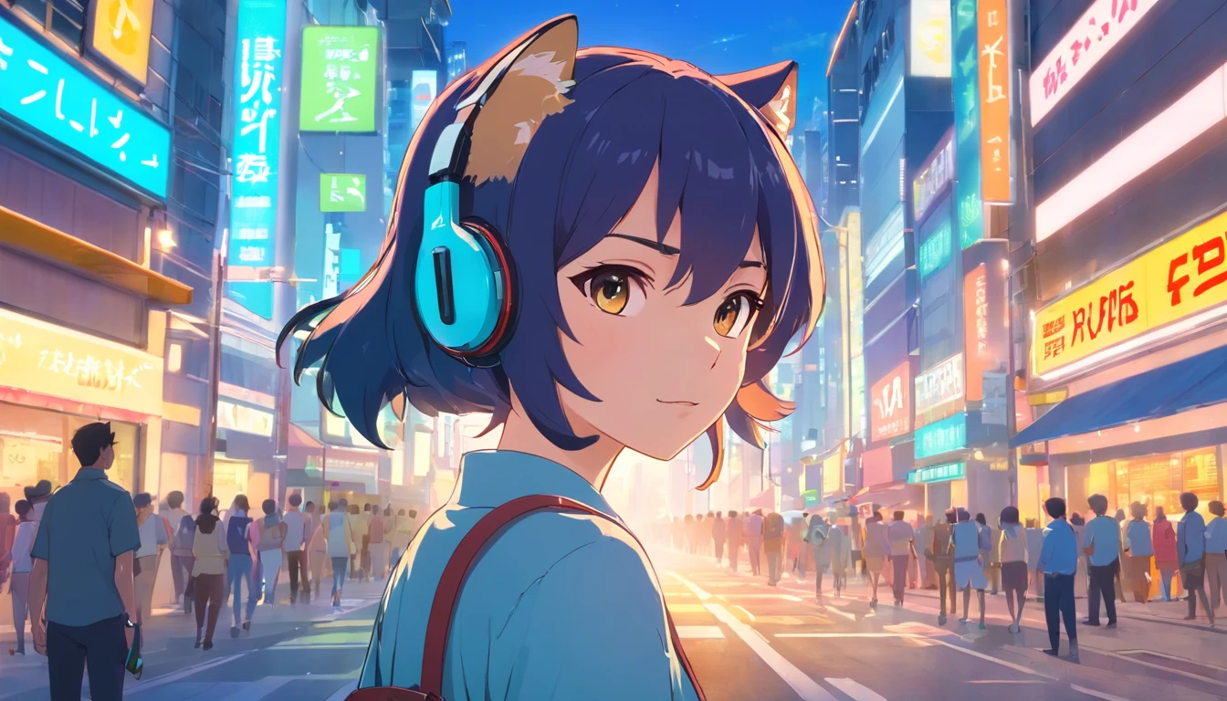 Jaguar character with headset ,estilo lofi , transformado em um estilo anime, , Standing on a busy city street, fundo retroiluminado destacando o assunto, cores de alto contraste, 4K high definition quality, jovem.