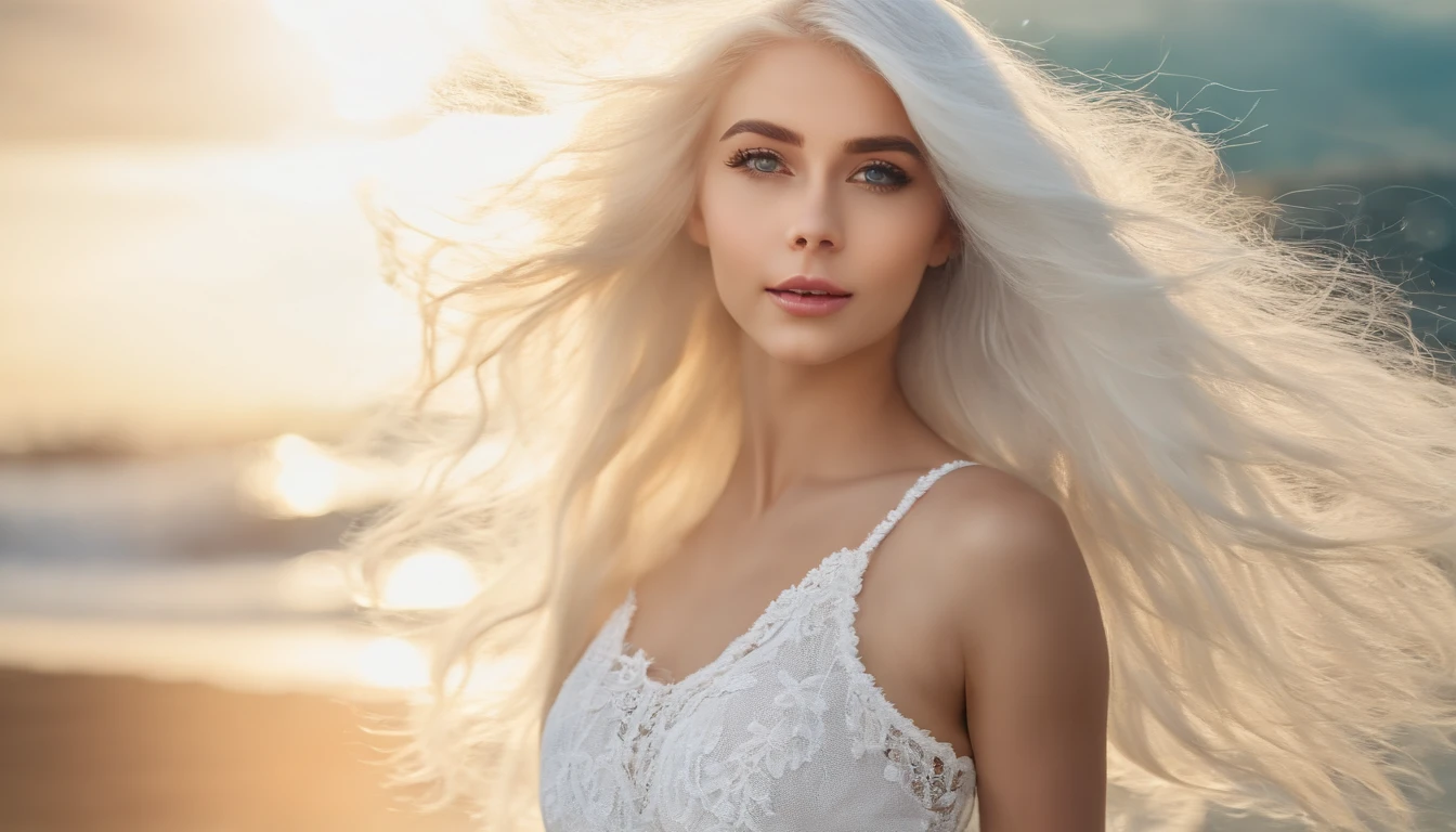 White sheer short tank top dress girl, Sexy girl with green eyes, Portrait of Sophie Mudd, (Big Eyes:1.2 ), (Subtle turquoise eyes), (Voluminous white hair: 1.8), (white hair), (large eyes), (white hair), (large eyes), (white hair), (large eyes), Selfie of a young woman, without makeup, natural makeup, Straight Looking at the Camera, Faces with artgrams, Subtle makeup, Amazing full-body shots, Pierced green eyes, Beautiful angles, attractive pose, Cute Girl, Sexy Pose, full body photograph, s whole body, full body shooting, White hair goddess, High Detail, Satisfying pose, seaside, waves, Sunny weather, shining sun, (Hair blowing in the breeze), Sunny weather, shining sun, (Hair blowing in the breeze), (Hair blowing in the breeze)