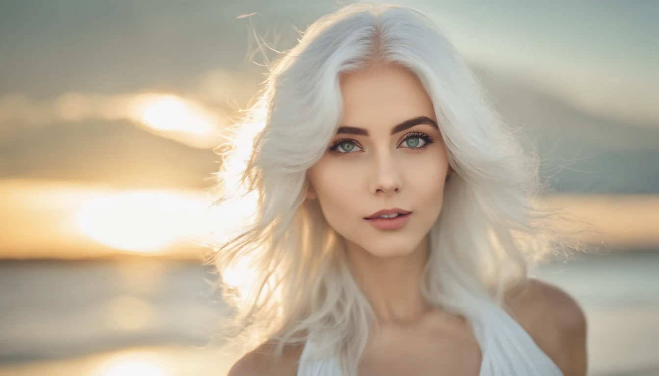White sheer short tank top dress girl, Sexy girl with green eyes, Portrait of Sophie Mudd, (Big Eyes:1.2 ), (Subtle turquoise eyes), (Voluminous white hair: 1.8), (white hair), (large eyes), (white hair), (large eyes), (white hair), (large eyes), Selfie of a young woman, without makeup, natural makeup, Straight Looking at the Camera, Faces with artgrams, Subtle makeup, Amazing full-body shots, Pierced green eyes, Beautiful angles, attractive pose, Cute Girl, Sexy Pose, full body photograph, s whole body, full body shooting, White hair goddess, High Detail, Satisfying pose, seaside, waves, Sunny weather, shining sun, (Hair blowing in the breeze), Sunny weather, shining sun, (Hair blowing in the breeze), (Hair blowing in the breeze)