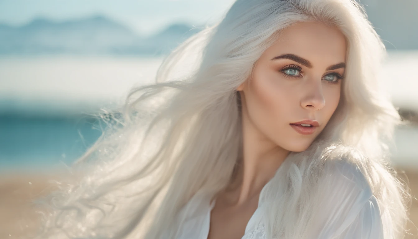 White sheer short tank top dress girl, Sexy girl with green eyes, Portrait of Sophie Mudd, (Big Eyes:1.2 ), (Subtle turquoise eyes), (Voluminous white hair: 1.8), (white hair), (large eyes), (white hair), (large eyes), (white hair), (large eyes), Selfie of a young woman, without makeup, natural makeup, Straight Looking at the Camera, Faces with artgrams, Subtle makeup, Amazing full-body shots, Pierced green eyes, Beautiful angles, attractive pose, Cute Girl, Sexy Pose, full body photograph, s whole body, full body shooting, White hair goddess, High Detail, Satisfying pose, seaside, waves, Sunny weather, shining sun, (Hair blowing in the breeze), Sunny weather, shining sun, (Hair blowing in the breeze), (Hair blowing in the breeze)