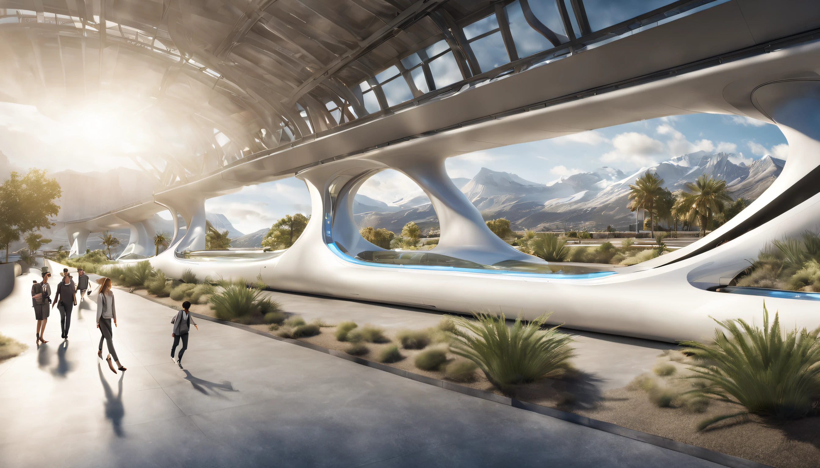Create a futuristic transport hub where hyperloop pods converge and depart from sleek organic shaped terminals. The architecture should blend with the surrounding landscape. Photo realistic. hyper realistic photography, HDR, UHD 32k. --AR 16:9. seed 777