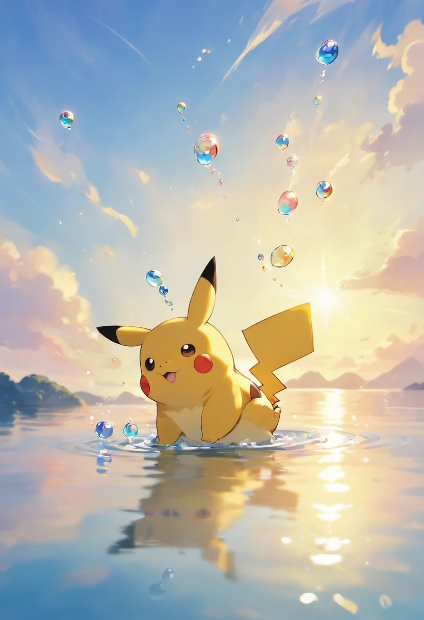 A touching scene in ultra-high-definition 3D, Showing, how Pikachu makes a wish at a calm lake. Pikachu, Beautifully drawn in detail, apparently, how it gently blows bubbles into the air, Each of them carries a hopeful desire. Bubbles catch the reflection of the setting sun, Creating a dreamy, Magic effect. The overall atmosphere is gentle, filled with hope and serenity