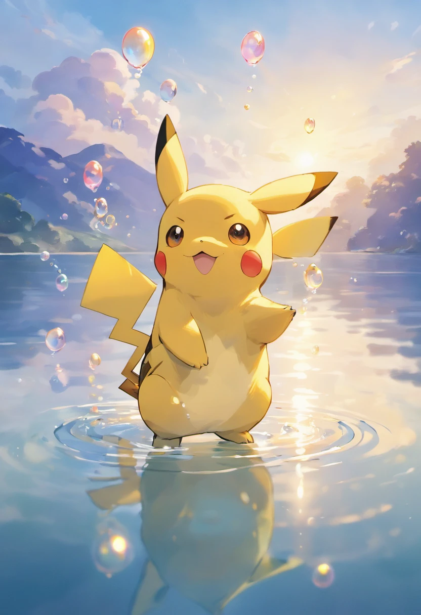 A touching scene in ultra-high-definition 3D, Showing, how Pikachu makes a wish at a calm lake. Pikachu, Beautifully drawn in detail, apparently, how it gently blows bubbles into the air, Each of them carries a hopeful desire. Bubbles catch the reflection of the setting sun, Creating a dreamy, Magic effect. The overall atmosphere is gentle, filled with hope and serenity