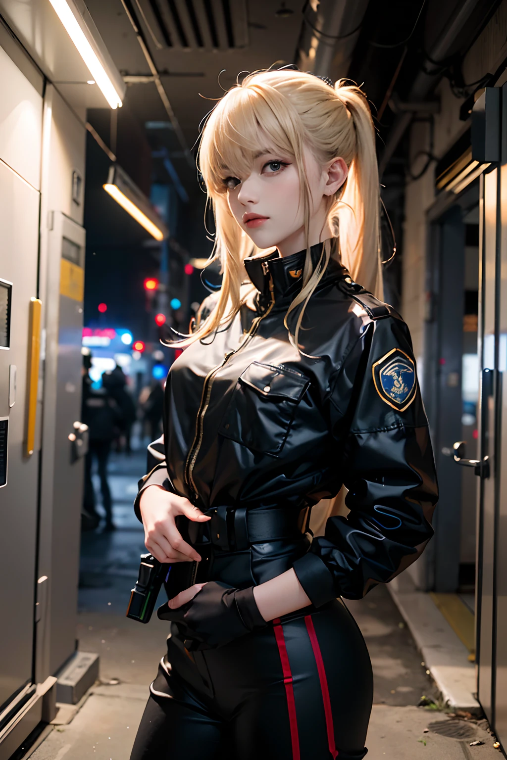 （tmasterpiece，best qualityer），1 girl，solo portrait，Cyber hacker dressed up，Lunette de soleil，blond hairbl，A-line hairstyle，Body，arms crossed behind back，LED panel lights are arranged in a square manner，Imitates existing interior lights，Dystopian slums，Police weapons are controlled by local gangs equipped with hackers，For example, AWM sniper rifle，