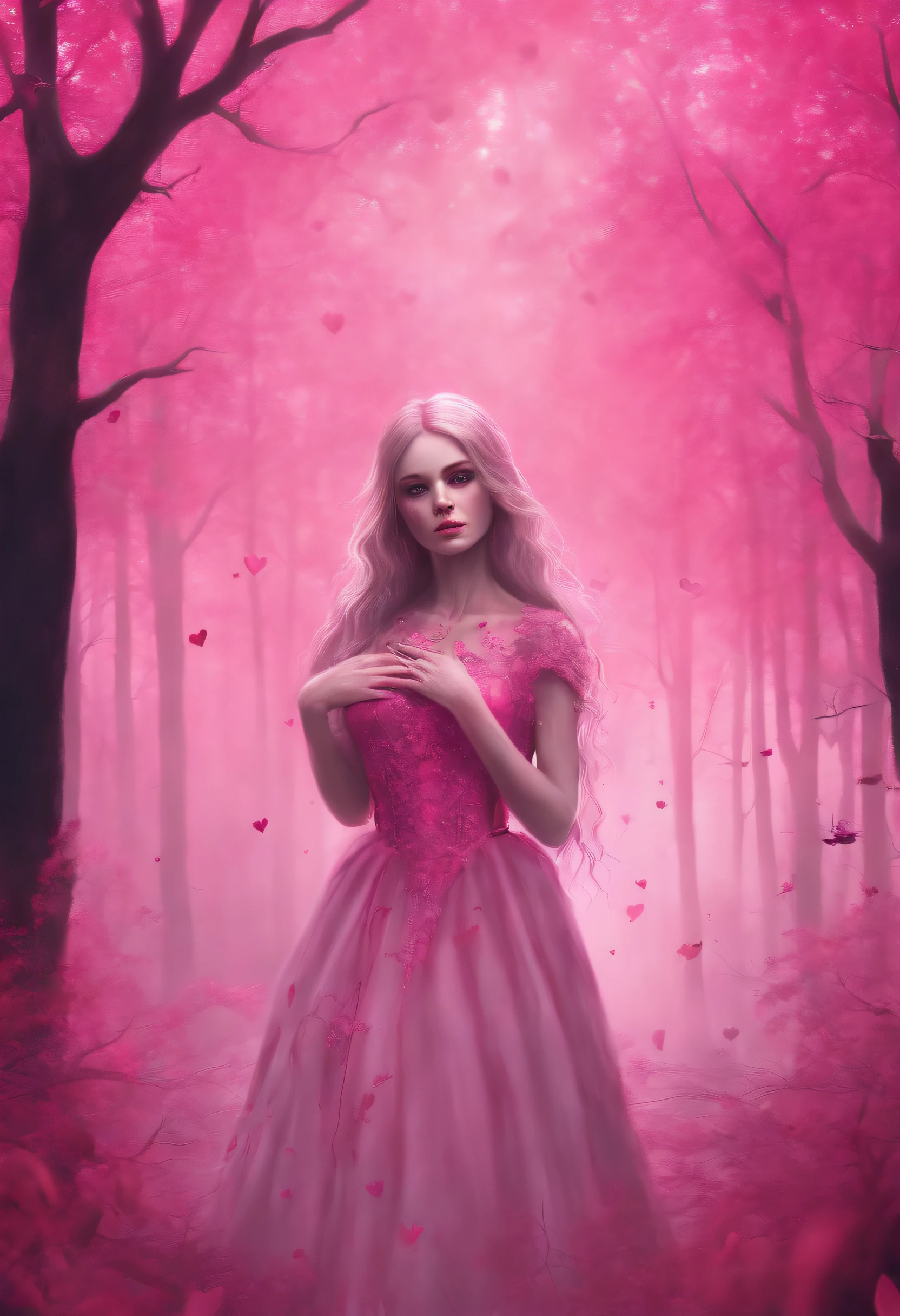 (masterpiece drawning, high quality, horror:1.3), (solo:1.1), a digital arf of a undead girl, (pink, heart, love:1.1), wounds, (deathcore:1.2), mistery pink forest, Extreme detail, morbid, paper texture, 2d
