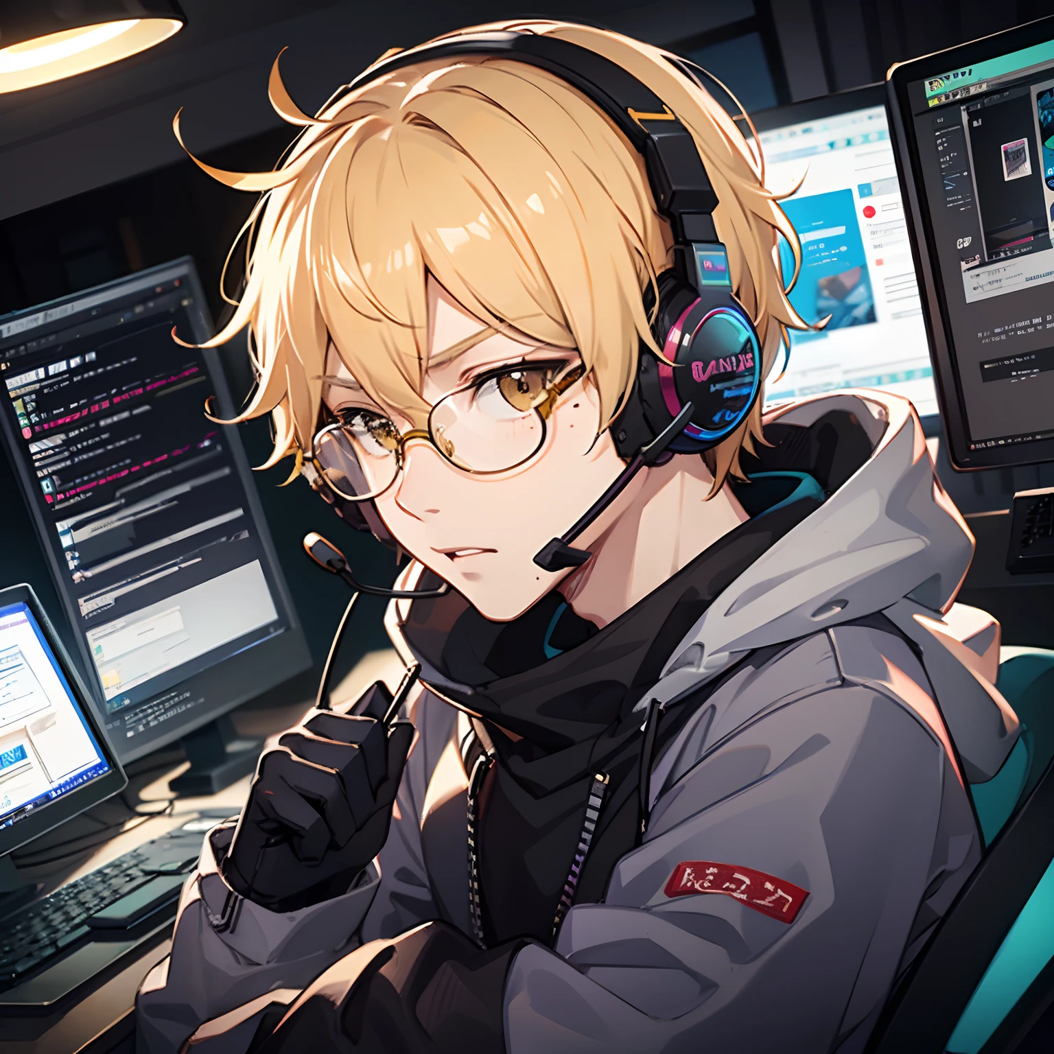 1male, Blonde hair, glasses, mole, anime boy, in front of computer, smug expression, yellow headset, hacker, technology, dramatic lighting, Pixiv, perfect face, masterpiece