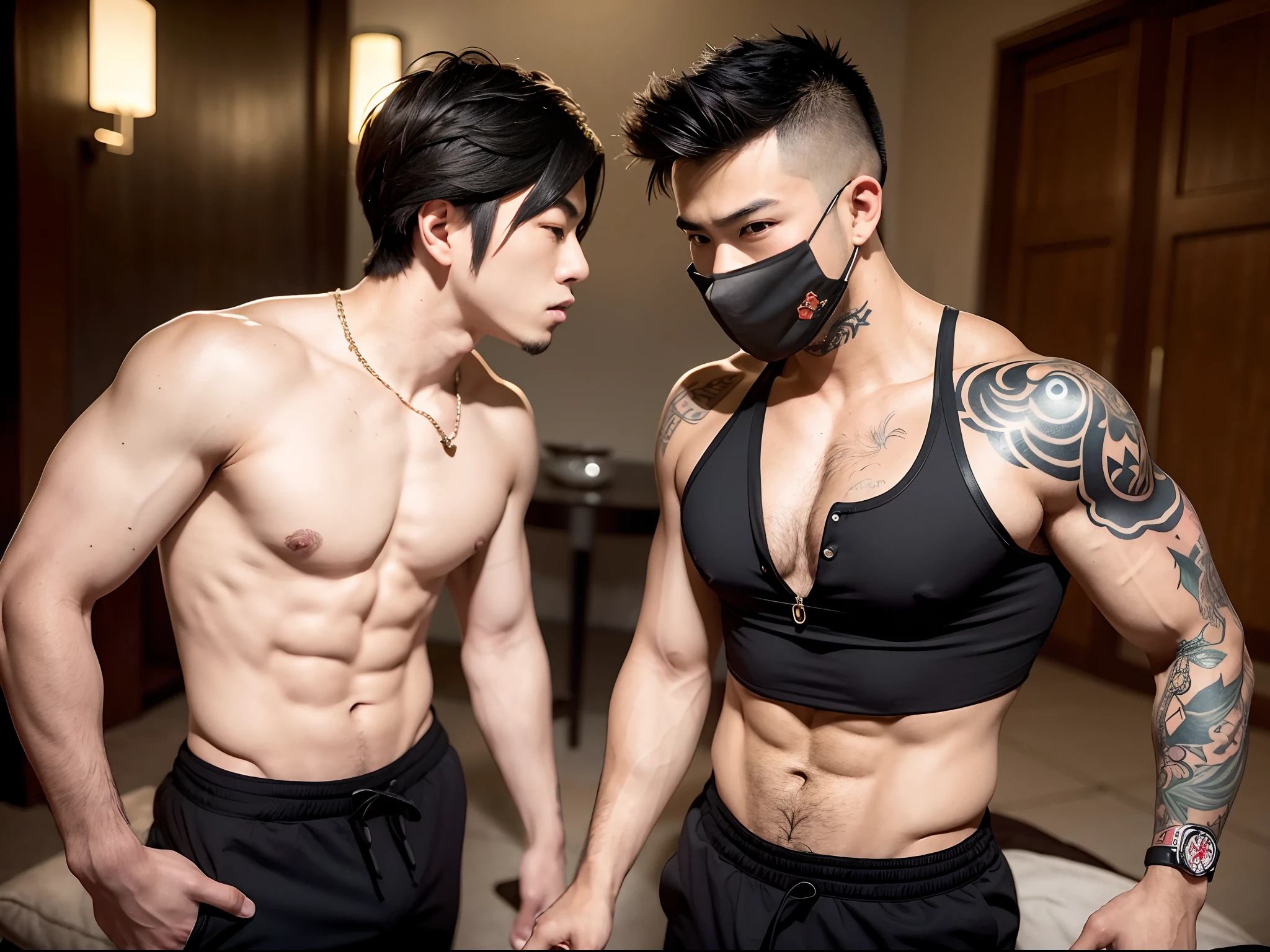 Two oriental men, Boyfriend,Gay, In the fun, roleplaying, Play as a sexy bandit,A mask（black in color）!!,Kim Sejia's anime eyes, Shin Jung-ho's anime eye,  Kiss!!,Almost kissed, body defined, Beautiful, Oriental, Realistic, Cinematic, High quality, 16k, Best quality, High details, Super detail, Tattoos, upper body photos, The pants are a little revealing