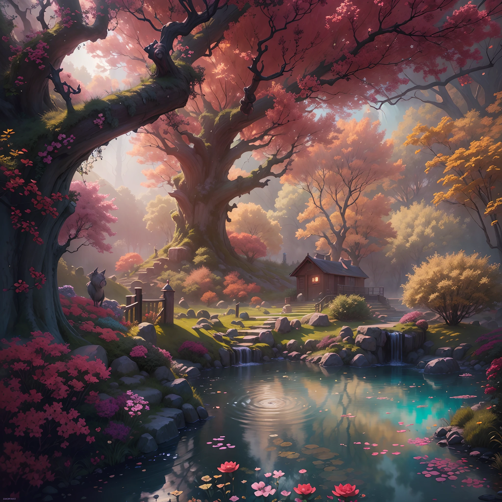 Rose garden,Skysky，(rainbowing)，the space，(depth of fields)，Light，Mist，log cabin,the cherry trees，Reallightandshadow，painting-like,Ethereal atmosphere,Vibrant colors,cinematic compositions，dream magical，hoang lap，Particle effect，diffused reflections，(mont)，waterfallr，butterfliesdancing,Dreamy and whimsical,sereneandcharming,style of surrealism,painting-like,Ultra-fine painting,vibrant with colors,painting coming to life,Sharp contrast,hdr,hyper HD,Totally mesmerizing and fascinating,Simply breathtaking，Physically-based rendering,Extreme detail description,professional,.