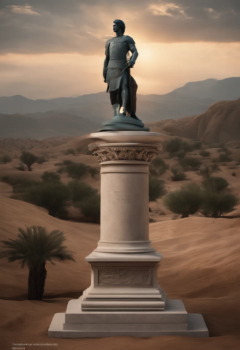 Create a realistic 3D rendering image of a solo statue of Alexander, o Grande. The statue is meant to depict Alexander in all his glory, com o sol se pondo ao fundo. Alexandre deve estar segurando sua espada alta, pronto para liderar suas tropas na batalha. The image should be epic and inspiring, capturing the spirit of Alexander's conquests.