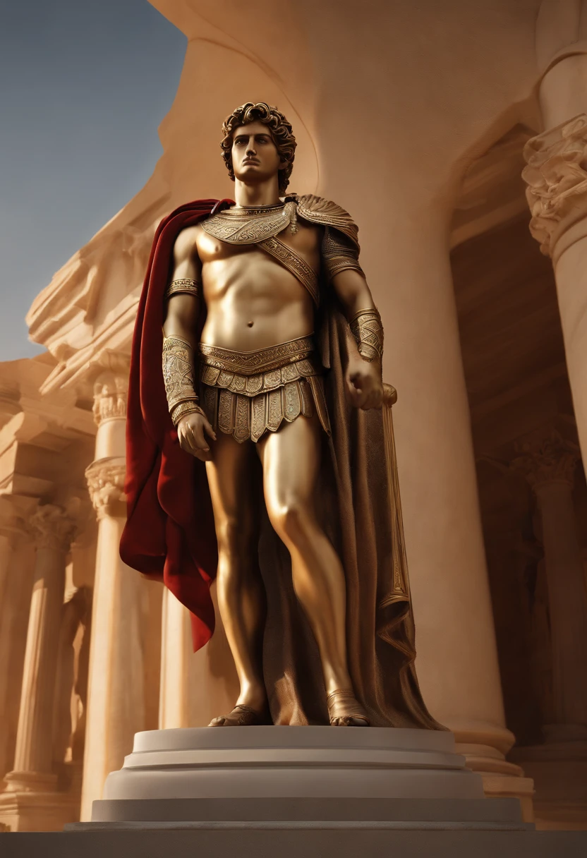 Create a realistic 3D rendering image of a solo statue of Alexander, o Grande. The statue is meant to depict Alexander in all his glory, com o sol se pondo ao fundo. Alexandre deve estar segurando sua espada alta, pronto para liderar suas tropas na batalha. The image should be epic and inspiring, capturing the spirit of Alexander's conquests.