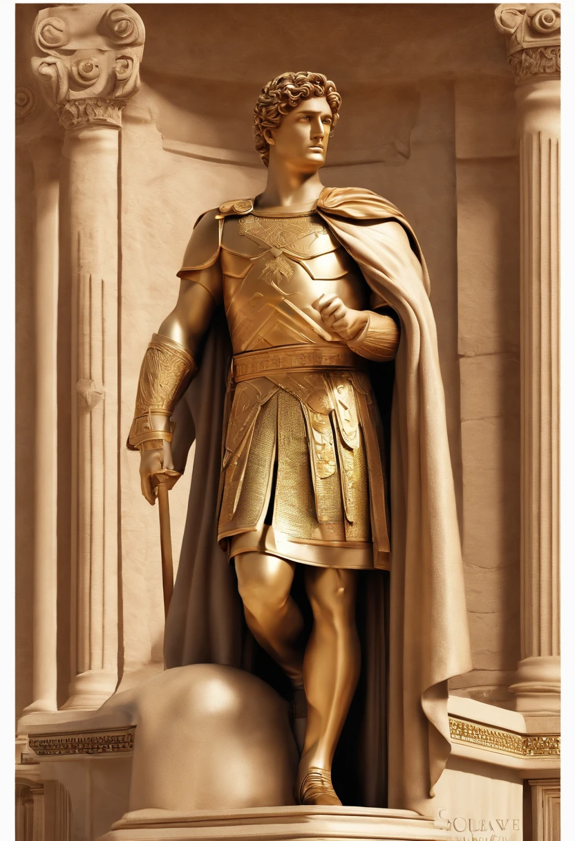 Create a realistic 3D rendering image of a solo statue of Alexander, o Grande. The statue is meant to depict Alexander in all his glory, com o sol se pondo ao fundo. Alexandre deve estar segurando sua espada alta, pronto para liderar suas tropas na batalha. The image should be epic and inspiring, capturing the spirit of Alexander's conquests.