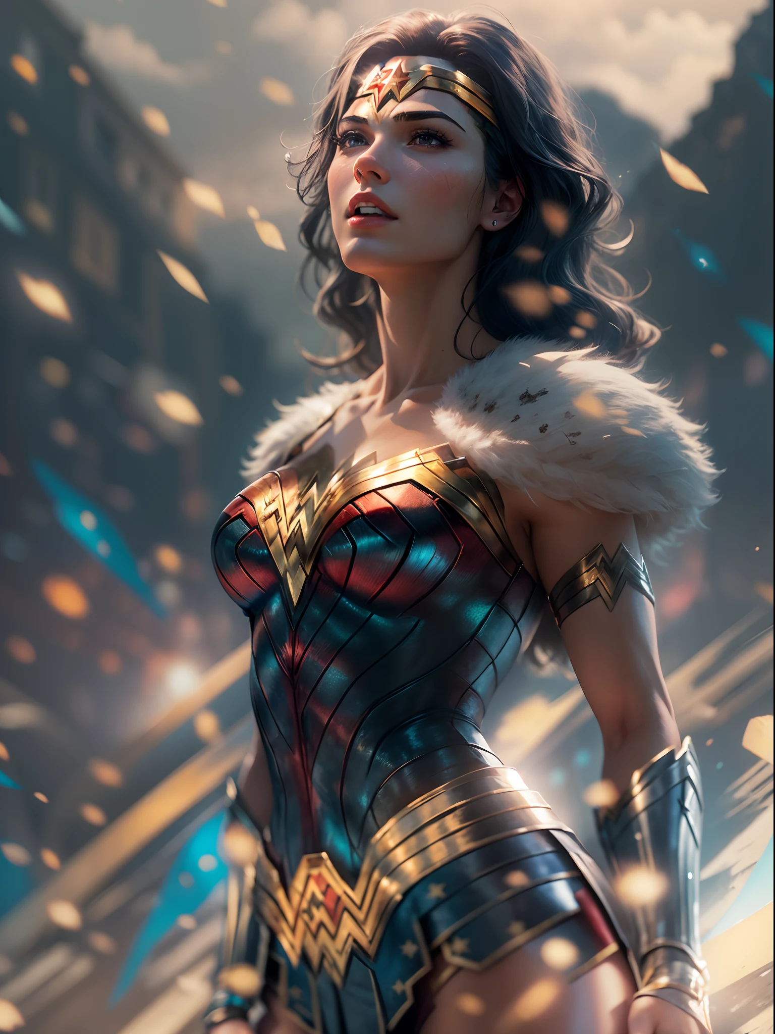 ((Best quality)) , ((Masterpiece)) , (Detailed) , Portrait, behans,Slim close-up (Wonder Woman:1.3) The happiness of supernova skin, French shearing, Earphone, European mountains, Stars in the sky, Centered on the horizon, screen print, flustered, suprerralistic, spotlight lights, Depth of field 100mm, filmgrain, Mattire, Moba style, absurderes, conceptartworld, 8K resolution