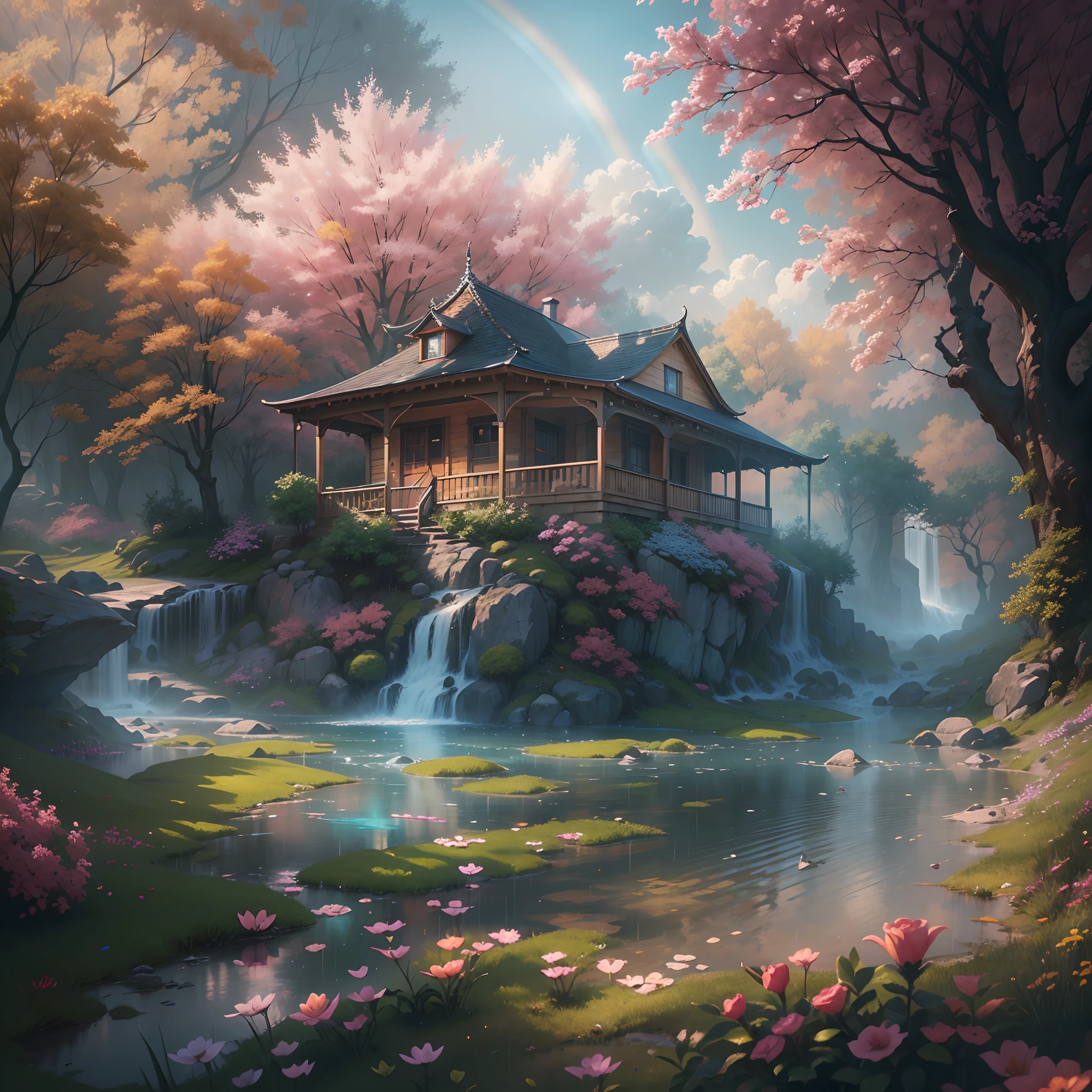 Rose garden,Skysky,(rainbowing),the space,(depth of fields),Light,Mist,log cabin,the cherry trees,Reallightandshadow,painting-like,Ethereal atmosphere,Vibrant colors,cinematic compositions,dream magical,hoang lap,Particle effect,diffused reflections,(mont),waterfallr,butterfliesdancing,Dreamy and whimsical,sereneandcharming,style of surrealism,painting-like,Ultra-fine painting,vibrant with colors,painting coming to life,Sharp contrast,hdr,hyper HD,Totally mesmerizing and fascinating,Simply breathtaking,Physically-based rendering,Extreme detail description,professional,.