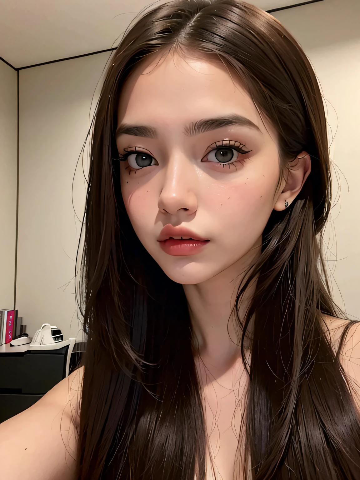 Arafed Mujer totalmente , Chica sexy con ojos marrones, ultra realista, meticulosamente detallado, Retrato Sophie Mudd, brown hair and large eyes, selfie de una mujer joven, Ojos de Dubai, Violeta Myers, sin maquillaje, Maquillaje natural, staring directly into camera, cara con artgram, maquillaje sutil, Impresionante foto de cuerpo completo arrodillado en la cama, En el dormitorio, Medium to large size bust