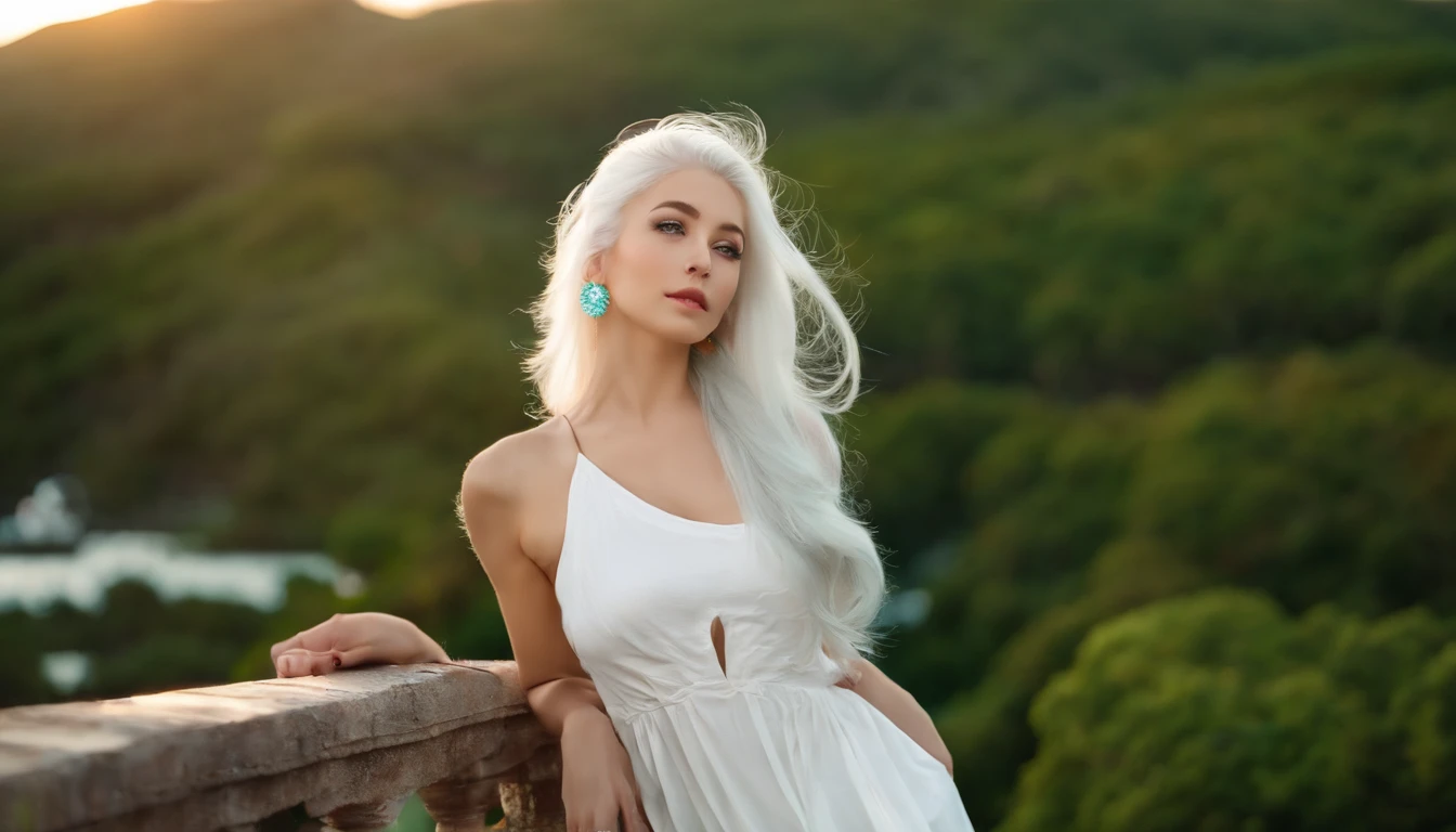 White sheer short tank top dress girl, Sexy girl with green eyes, Portrait of Sophie Mudd, (Big Eyes:1.2 ), (Subtle turquoise eyes), (Voluminous white hair: 1.8), (white hair), (large eyes), (white hair), (large eyes), (white hair), (large eyes), Selfie of a young woman, without makeup, natural makeup, Straight Looking at the Camera, Faces with artgrams, Subtle makeup, Amazing full-body shots, Pierced green eyes, Beautiful angles, attractive pose, Cute Girl, Sexy Pose, full body photograph, s whole body, full body shooting, White hair goddess, High Detail, Satisfying pose, seaside, waves, Sunny weather, shining sun, (Hair blowing in the breeze), Sunny weather, shining sun, (Hair blowing in the breeze), (Hair blowing in the breeze)