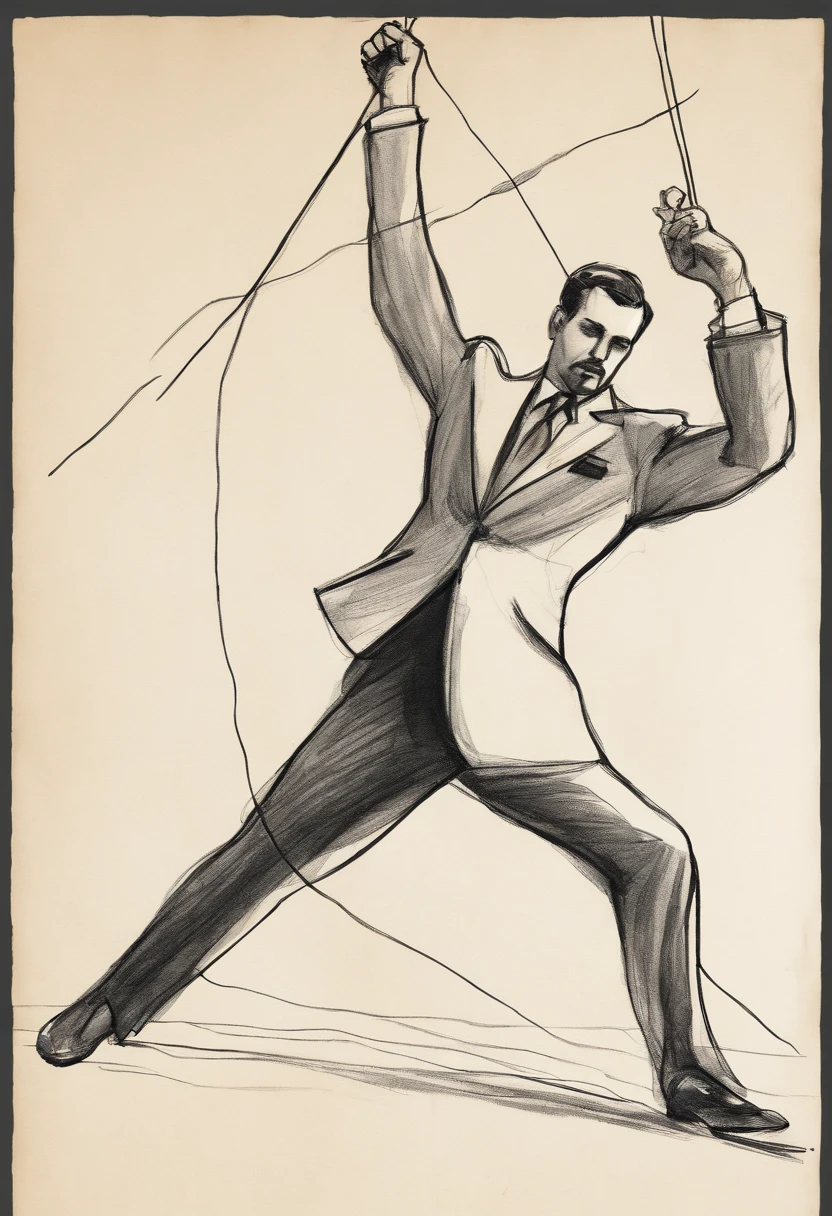 Rough charcoal sketch on old paper, muscular Male in suit figure, suit, a man is controlling a puppet through strings, dynamic pose,clean line art,+expressive line,in the style of expressive sketch drawing, hatching, black and white sketch, hand drawing, Rough charcoal sketch on old paper, muscular Male in suit figure,dynamic pose,clean line art,+expressive line,in the style of expressive sketch drawing, hatching, black and white sketch, hand drawing, sketching, linear style::Sketchnote Stylesketching, linear style::Sketchnote Style