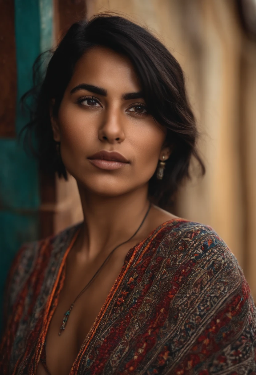 Andean woman with short hair and looking at the camera, primer plano de una mujer andina con rasgos atractivos, cejas pobladas y ojos color caramelo, labios gruesos y sensuales