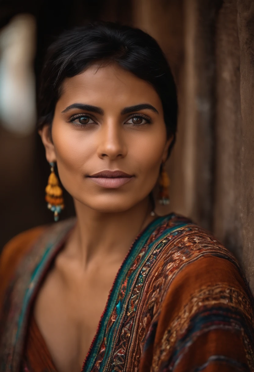 Andean woman with short hair and looking at the camera, primer plano de una mujer andina con rasgos atractivos, cejas pobladas y ojos color caramelo, labios gruesos y sensuales