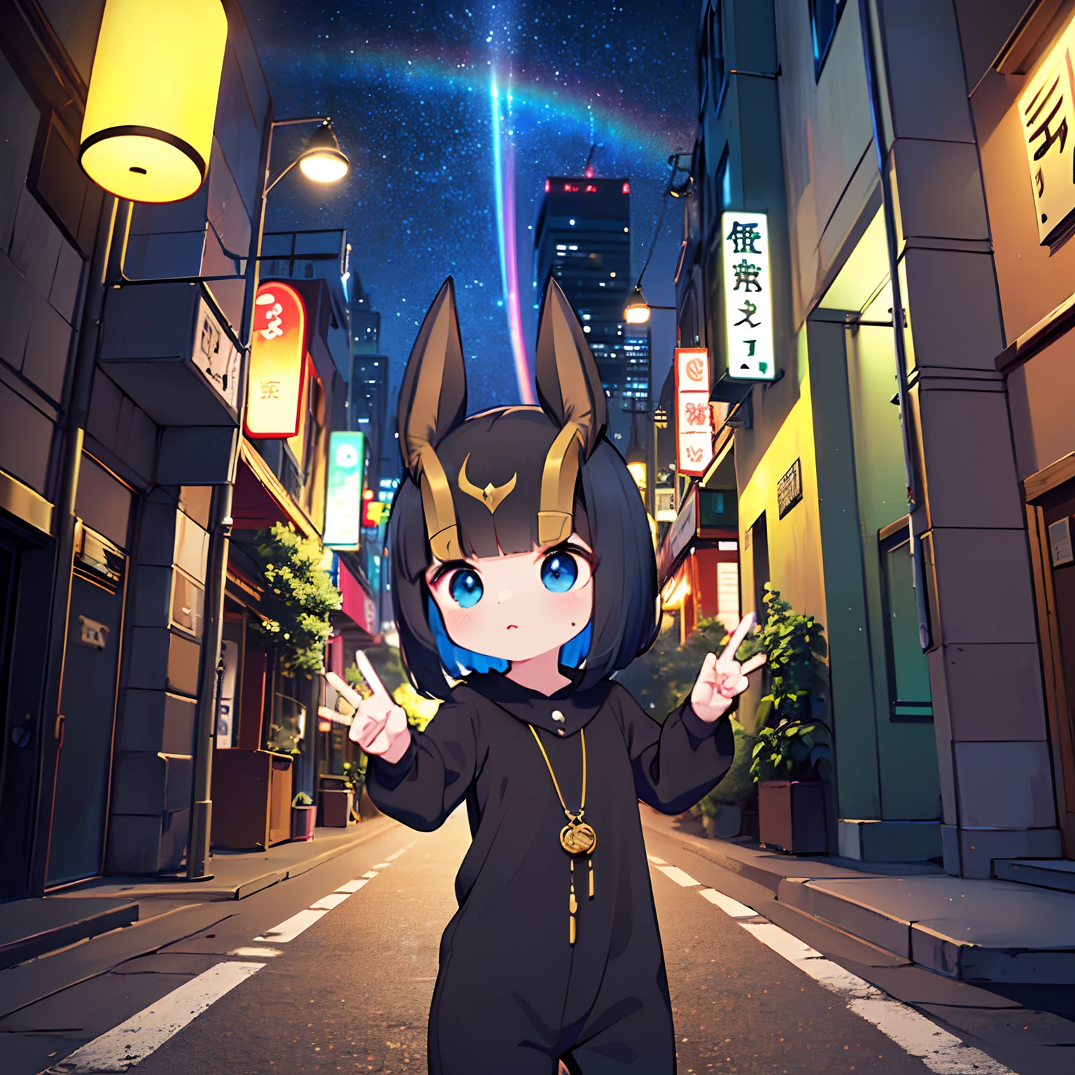 ((Chibi Chara:1.3),  (Colorful:1.2), (Highly detailed CG Unity 16K wallpaper:1.1), (Denoising strength: 1.45), (tmasterpiece:1.37), ((Official art)), of the highest quality, (Realistic), Male child, (Short-cut hair:1.2),(Anubis Costume:1.5),Black hair,Glowing eyes,(blue eyess:1.2),((Poses in motion:1.4)),((Anubis Costume:1.3)),wires, (LED:1.3), (a hologram:1.2), futuristic city street, Neon light, Skyscrapers, (Night:1.2), (Rainbow Model:1.2), 8K resolution, (Anime style:1.3), Cinematic lighting, chromatic abberation, spark of light, Ray tracing, blending, ultra wide-angle, Hasselblad, (masutepiece), ((Best Quality)), ((masutepiece)), nffsw