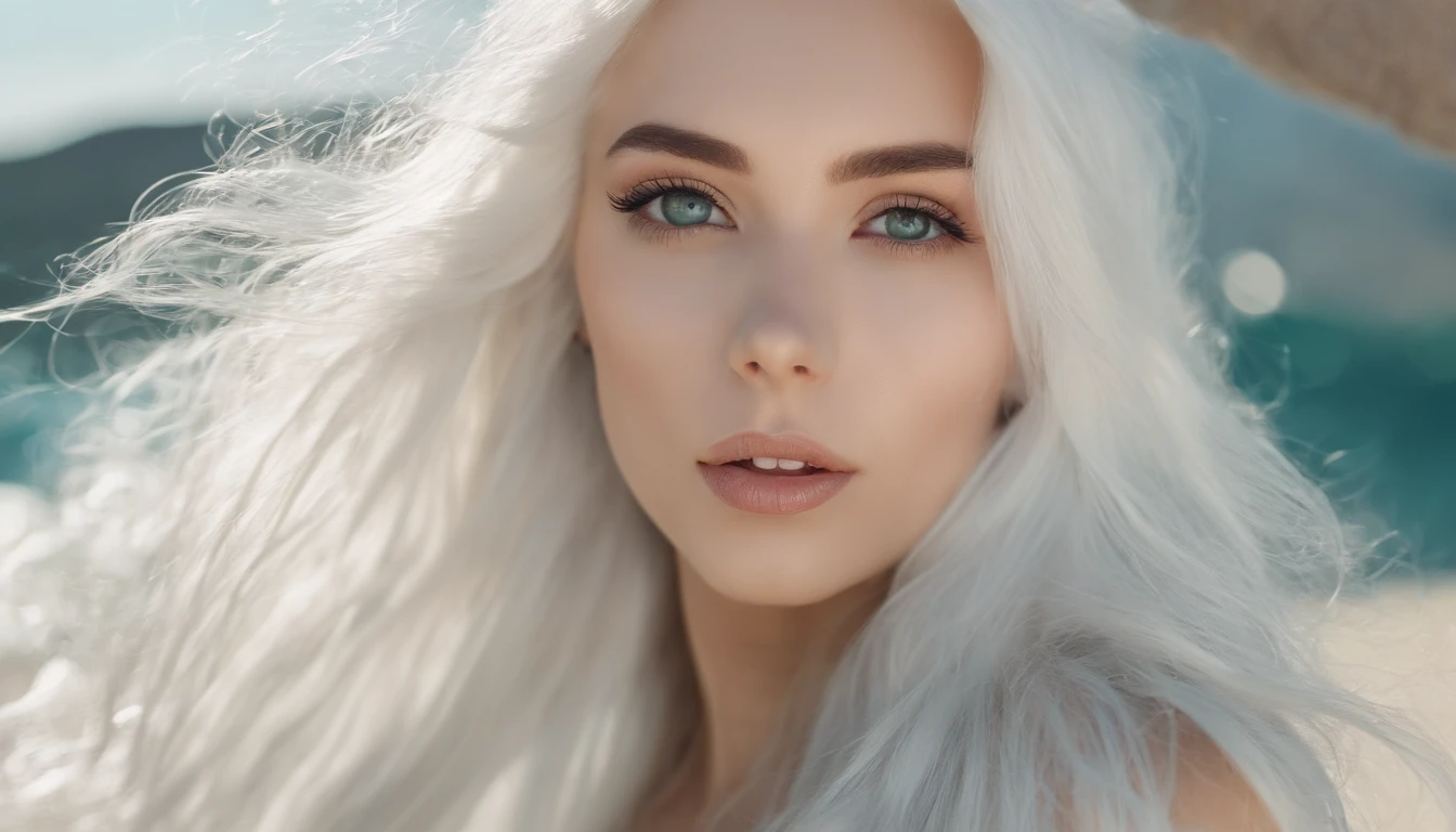 White sheer short tank top dress girl, Sexy girl with green eyes, Portrait of Sophie Mudd, (Big Eyes:1.2 ), (Subtle turquoise eyes), (Voluminous white hair: 1.8), (white hair), (large eyes), (white hair), (large eyes), (white hair), (large eyes), Selfie of a young woman, without makeup, natural makeup, Straight Looking at the Camera, Faces with artgrams, Subtle makeup, Amazing full-body shots, Pierced green eyes, Beautiful angles, attractive pose, Cute Girl, Sexy Pose, full body photograph, s whole body, full body shooting, White hair goddess, High Detail, Satisfying pose, seaside, waves, Sunny weather, shining sun, (Hair blowing in the breeze), Sunny weather, shining sun, (Hair blowing in the breeze), (Hair blowing in the breeze)