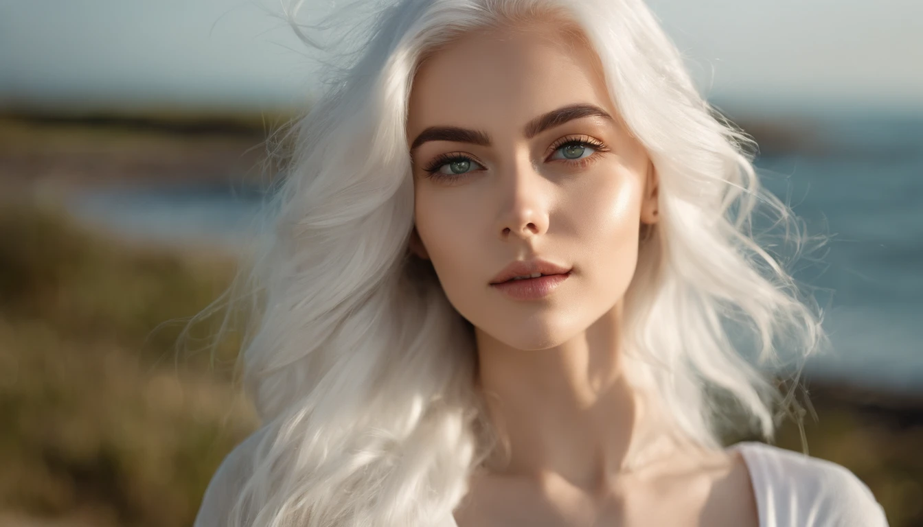 White sheer short tank top dress girl, Sexy girl with green eyes, Portrait of Sophie Mudd, (Big Eyes:1.2 ), (Subtle turquoise eyes), (Voluminous white hair: 1.8), (white hair), (large eyes), (white hair), (large eyes), (white hair), (large eyes), Selfie of a young woman, without makeup, natural makeup, Straight Looking at the Camera, Faces with artgrams, Subtle makeup, Amazing full-body shots, Pierced green eyes, Beautiful angles, attractive pose, Cute Girl, Sexy Pose, full body photograph, s whole body, full body shooting, White hair goddess, High Detail, Satisfying pose, seaside, waves, Sunny weather, shining sun, (Hair blowing in the breeze), Sunny weather, shining sun, (Hair blowing in the breeze), (Hair blowing in the breeze)