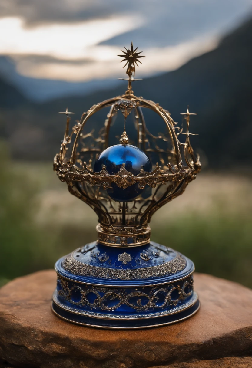 item, objeto, Amazing Celestial Piece, Made of an ethereal metal that glows with a pale, luz misteriosa. Em seu centro, There is a dark blue gemstone that seems to contain an infinite universe of miniature stars and galaxies. The crown is adorned with angel feather carvings and antique engravings