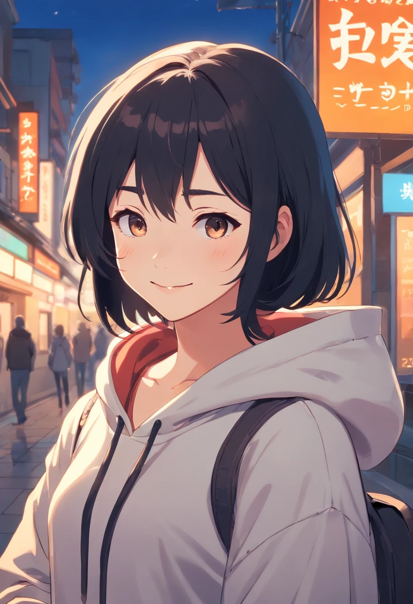 Girl in her 20s Black Hair Princess Cut Stay home wearing a hoodie a smile