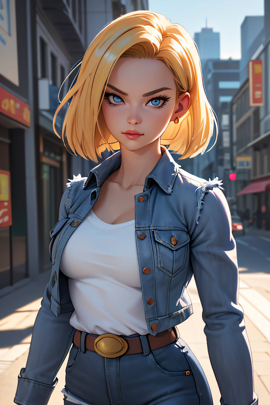 (best quality, masterpiece:1.2), 1girl, beautiful face, beautiful body, android18, earrings, denim, belt, vibrant colors, realistic lighting, detailed shading, professional portrait, dynamic pose, urban background