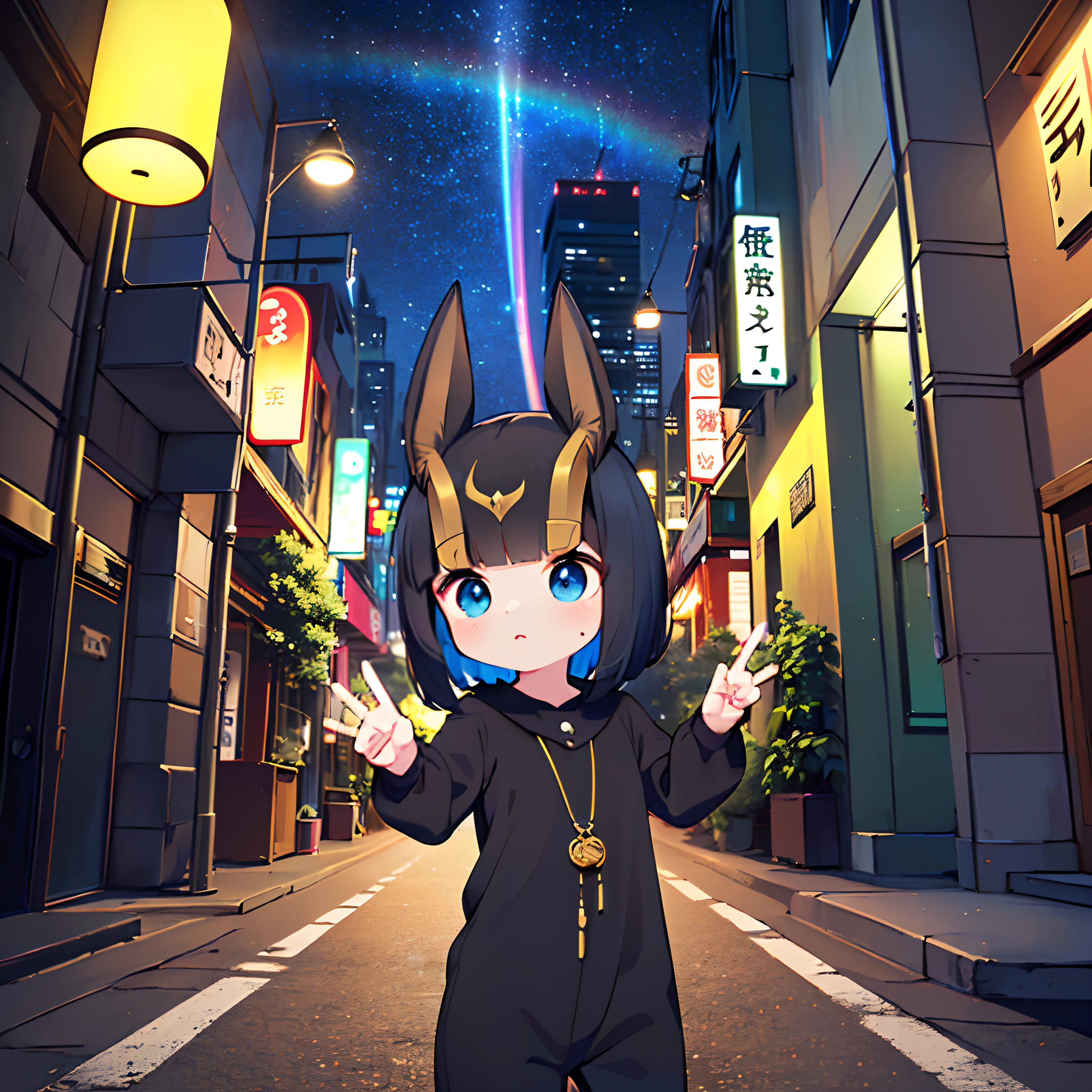 ((Chibi Chara:1.3), (Colorful:1.2), (Highly detailed CG Unity 16K wallpaper:1.1), (Denoising strength: 1.45), (tmasterpiece:1.37), ((Official art)), of the highest quality, (Realistic), Male child, (Short-cut hair:1.2),(Anubis Costume:1.5),Black hair,Glowing eyes,(blue eyess:1.2),((Poses in motion:1.4)),((Anubis Costume:1.3)),wires, (LED:1.3), (a hologram:1.2), futuristic city street, Neon light, Skyscrapers, (Night:1.2), (Rainbow Model:1.2), 8K resolution, (Anime style:1.3), Cinematic lighting, chromatic abberation, spark of light, Ray tracing, blending, ultra wide-angle, Hasselblad, (masutepiece), ((Best Quality)), ((masutepiece)), nffsw