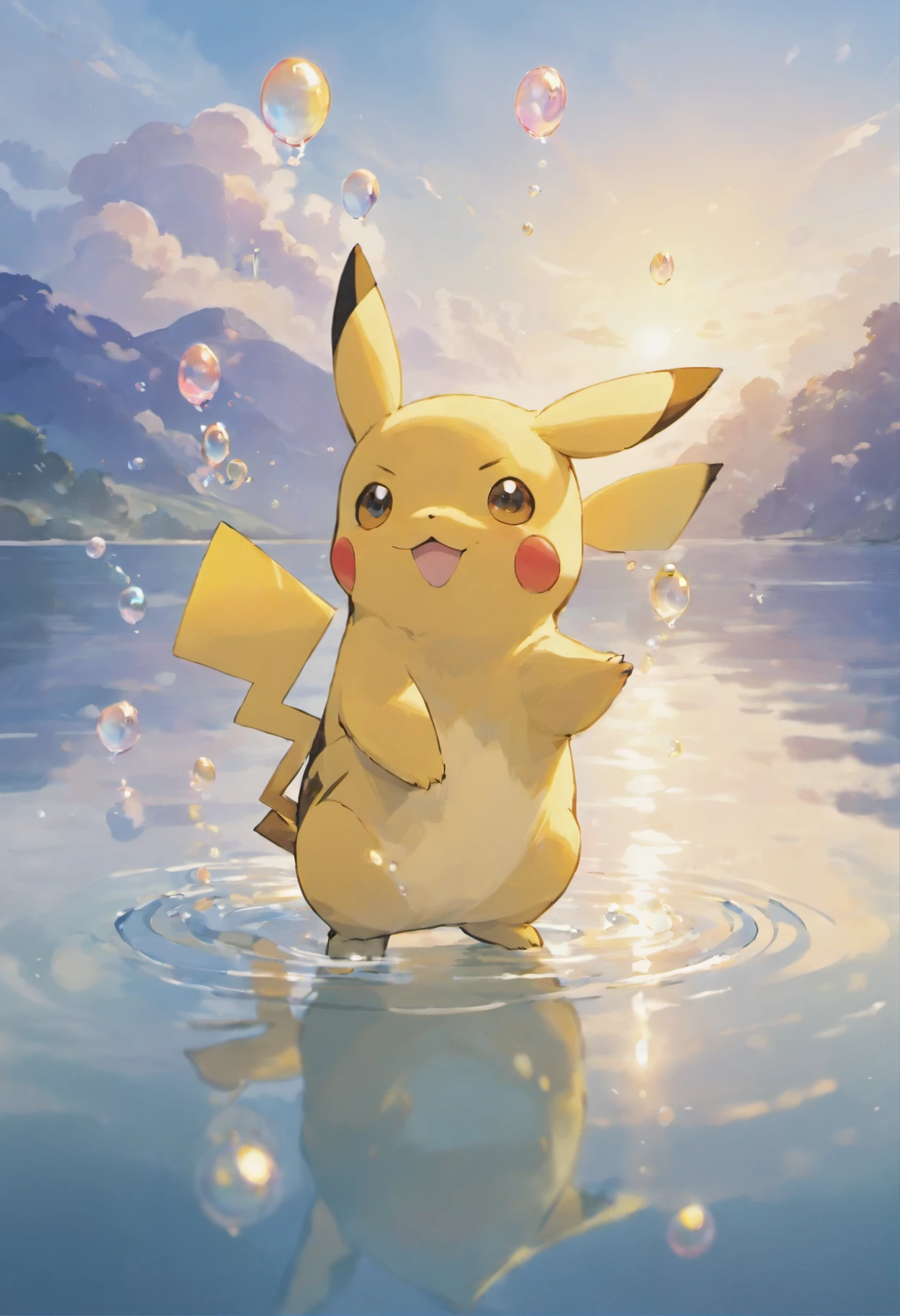 A touching scene in ultra-high-definition 3D, Showing, how Pikachu makes a wish at a calm lake. Pikachu, Beautifully drawn in detail, apparently, how it gently blows bubbles into the air, Each of them carries a hopeful desire. Bubbles catch the reflection of the setting sun, Creating a dreamy, Magic effect. The overall atmosphere is gentle, filled with hope and serenity