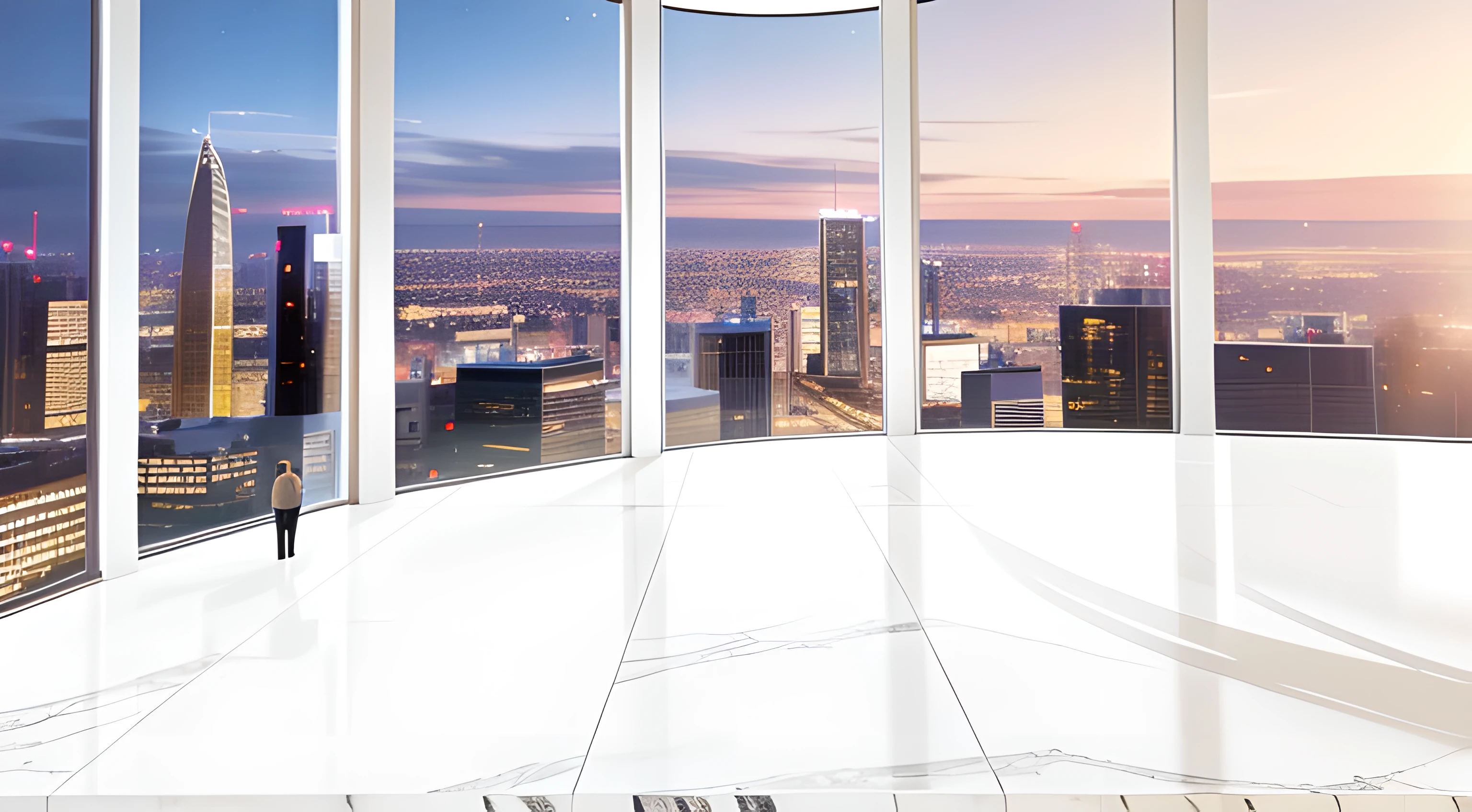 there is a man standing in a large room with a view of the city, window and city background, floor to ceiling window, floor - to - ceiling windows, amazing view, cityscape in the window, city backdrop, shiny marble floor, interior background, marble floors, clean background, ceiling to floor windows, big windows, marble room, stunning view, city view, golden greek columns
