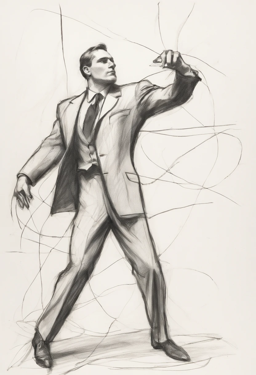 Rough charcoal sketch on old paper, muscular Male in suit figure, suit, a puppet, a man is controlling a puppet through strings, dynamic pose,clean line art,+expressive line,in the style of expressive sketch drawing, hatching, black and white sketch, hand drawing, Rough charcoal sketch on old paper, muscular Male in suit figure,dynamic pose,clean line art,+expressive line,in the style of expressive sketch drawing, hatching, black and white sketch, hand drawing, sketching, linear style::Sketchnote Stylesketching, linear style::Sketchnote Style